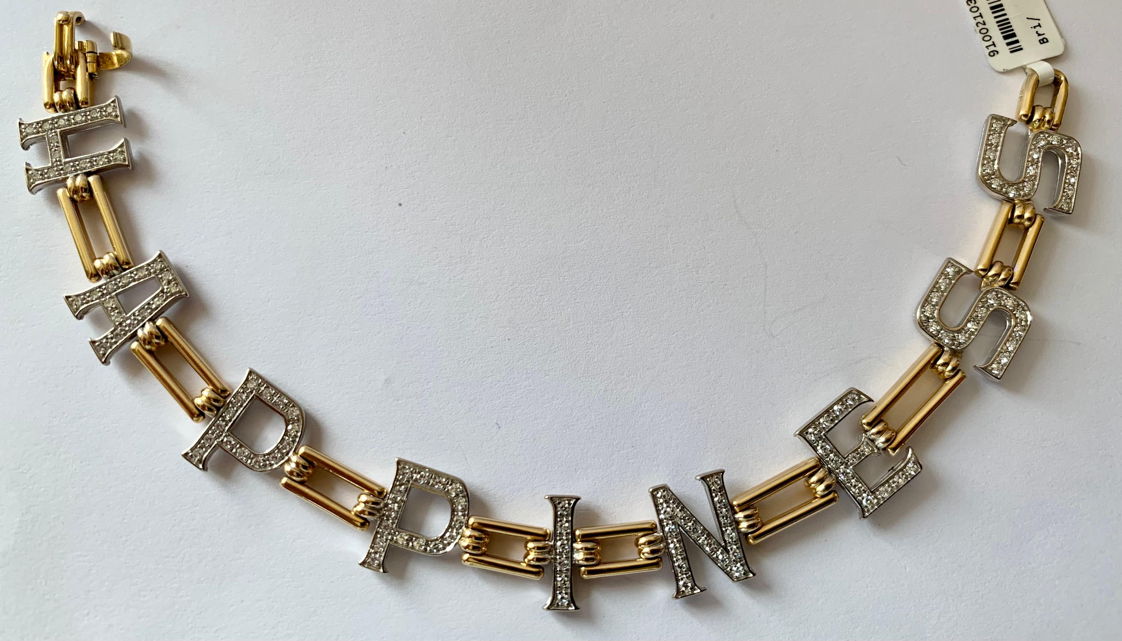 A darling bracelet: Diamond cut-out letters spell out 