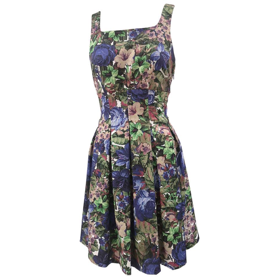 1960s Watercolor Blue and Purple Floral Print Sleeveless Sheath Dress ...