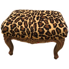 Darling Chic Little French Carved Wood and Faux Leopard Footstool