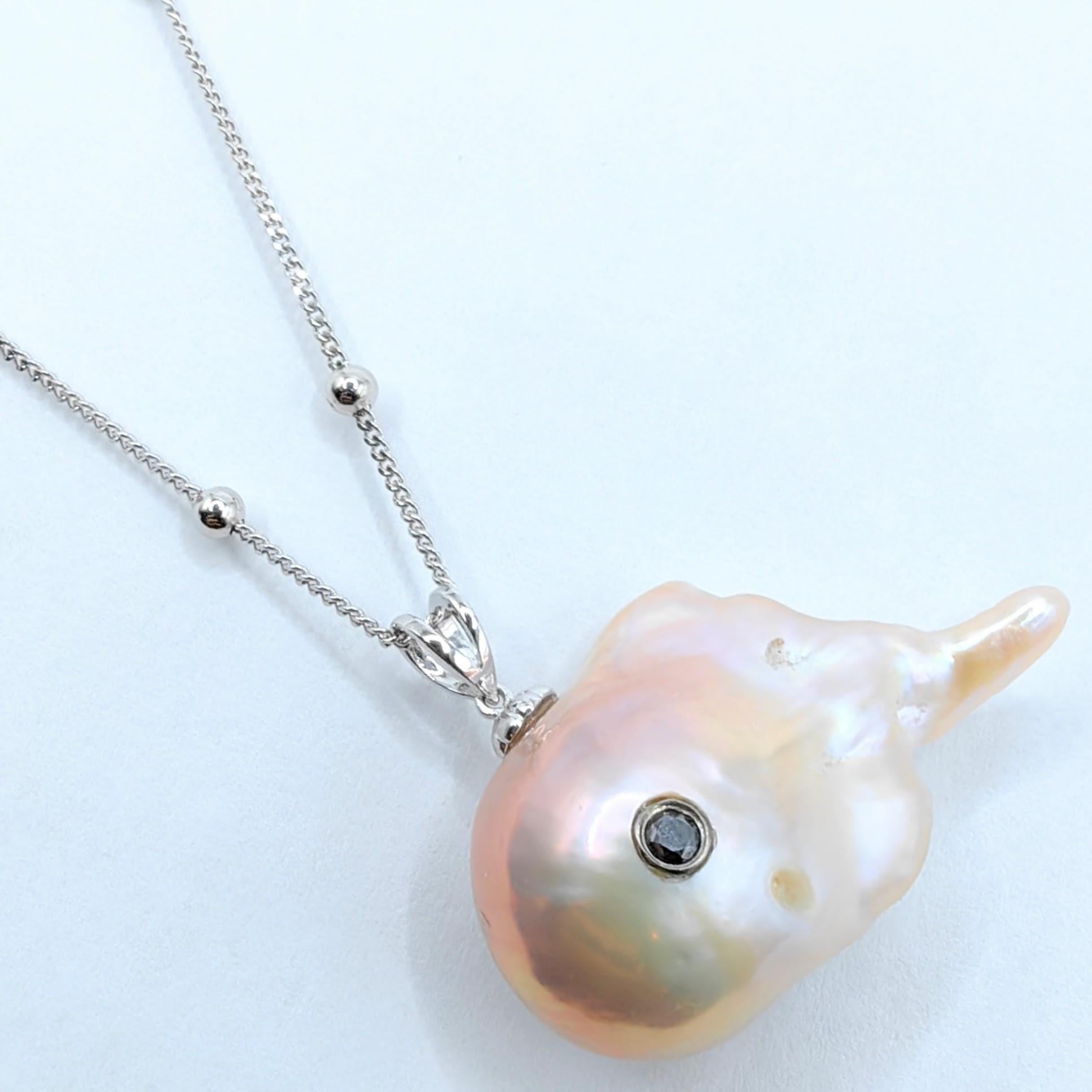 Contemporary Darling Dragon Spirit: Black Diamond & Pink Baroque Pearl 18K White Gold Pendant For Sale