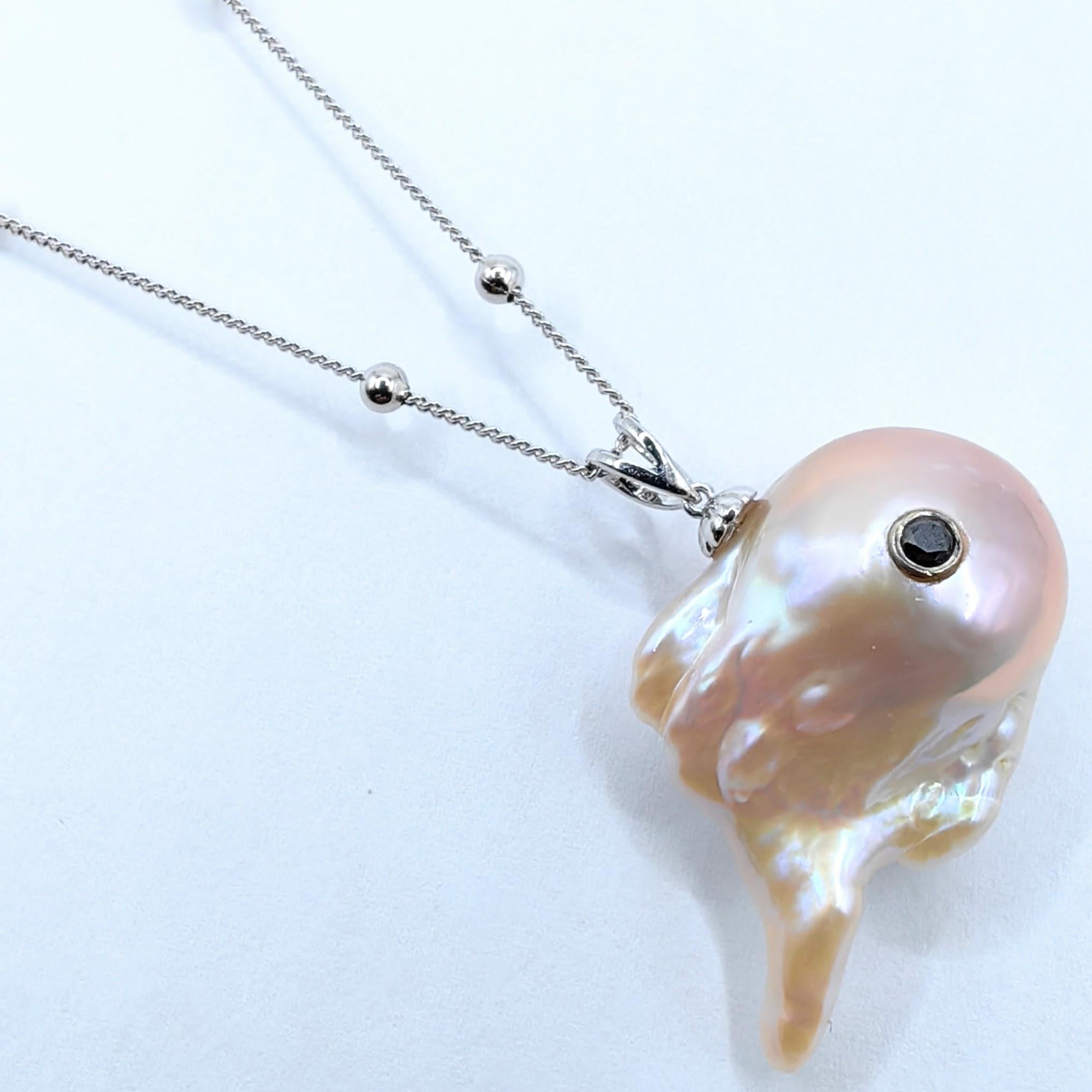 Brilliant Cut Darling Dragon Spirit: Black Diamond & Pink Baroque Pearl 18K White Gold Pendant For Sale