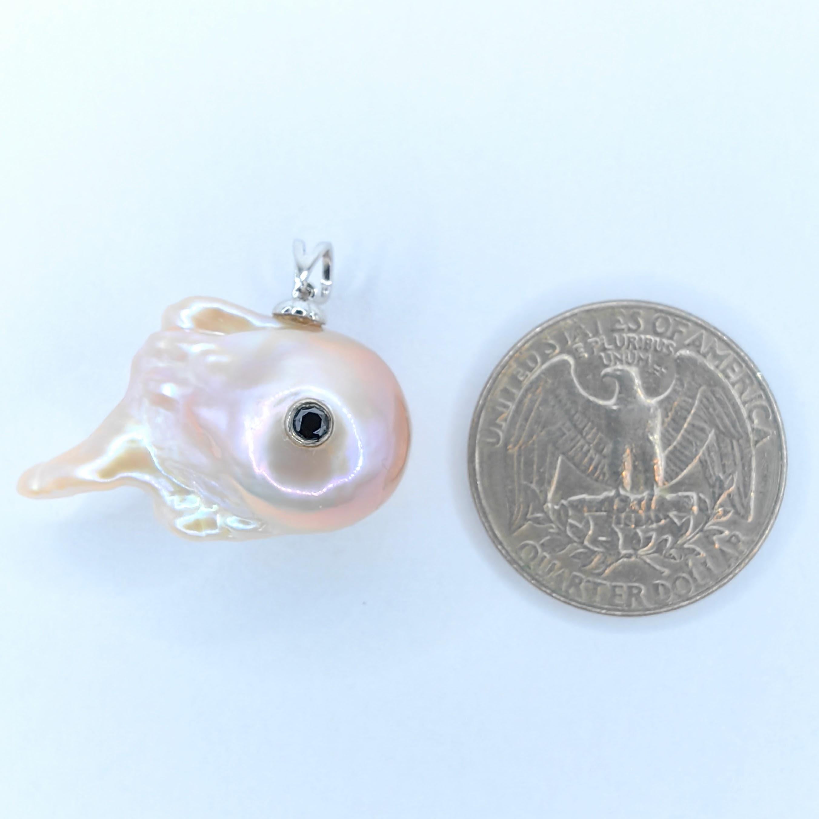 Women's or Men's Darling Dragon Spirit: Black Diamond & Pink Baroque Pearl 18K White Gold Pendant For Sale