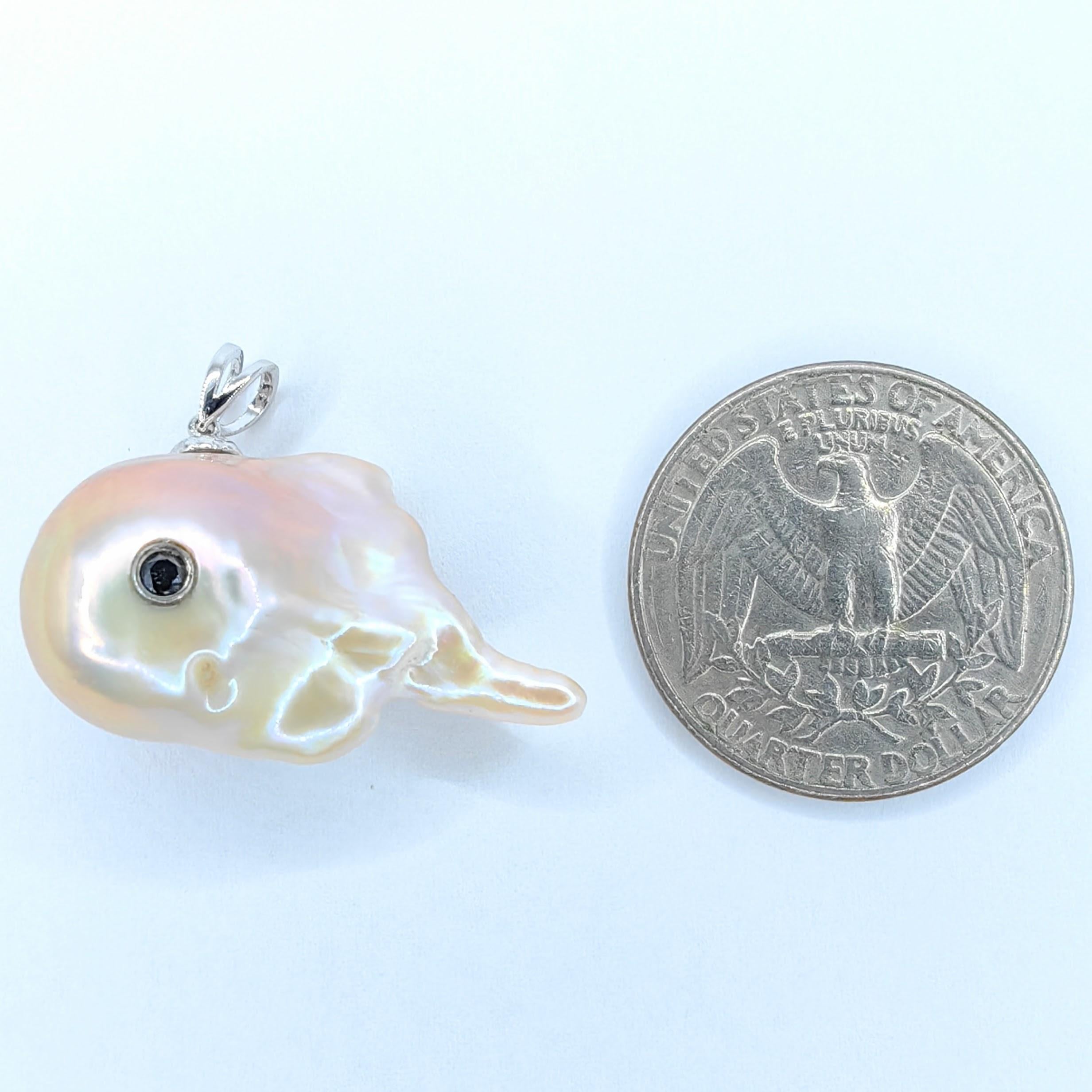 Darling Dragon Spirit: Black Diamond & Pink Baroque Pearl 18K White Gold Pendant For Sale 1
