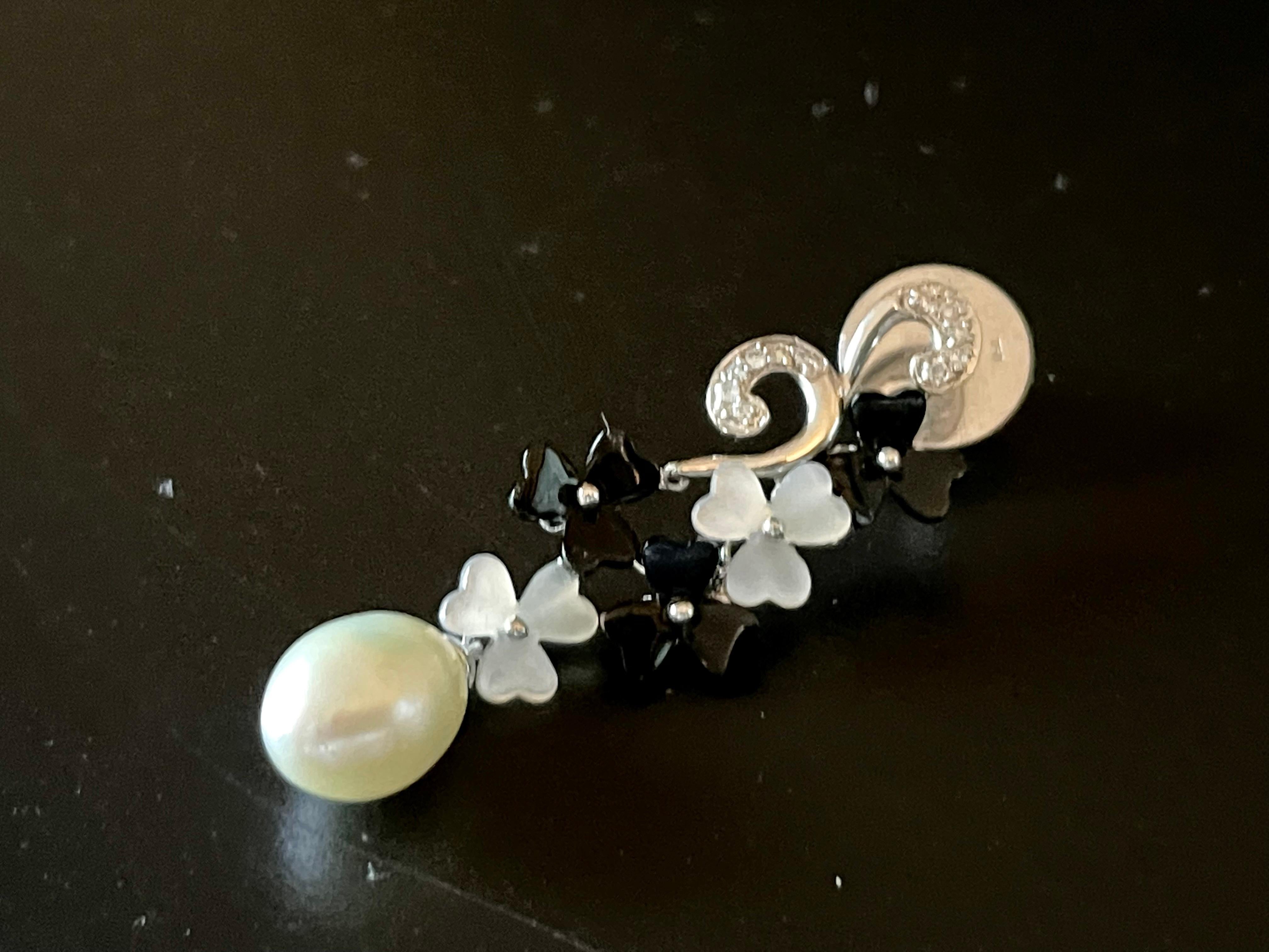 Women's or Men's Darling Earrings 18 K White Gold Onyx Mother of Pearl Diamond Onyx For Sale
