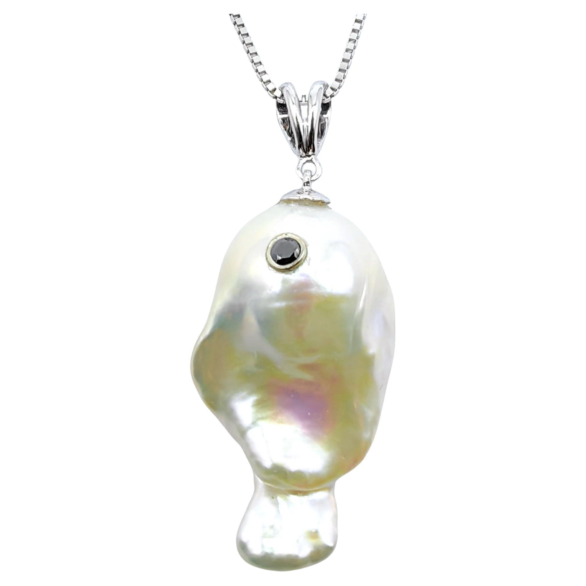 Darling Fish: Black Diamond Baroque Pearl Ascending Fish Pendant 18K White Gold