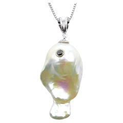 Darling Fish: Black Diamond Baroque Pearl Ascending Fish Pendant 18K White Gold