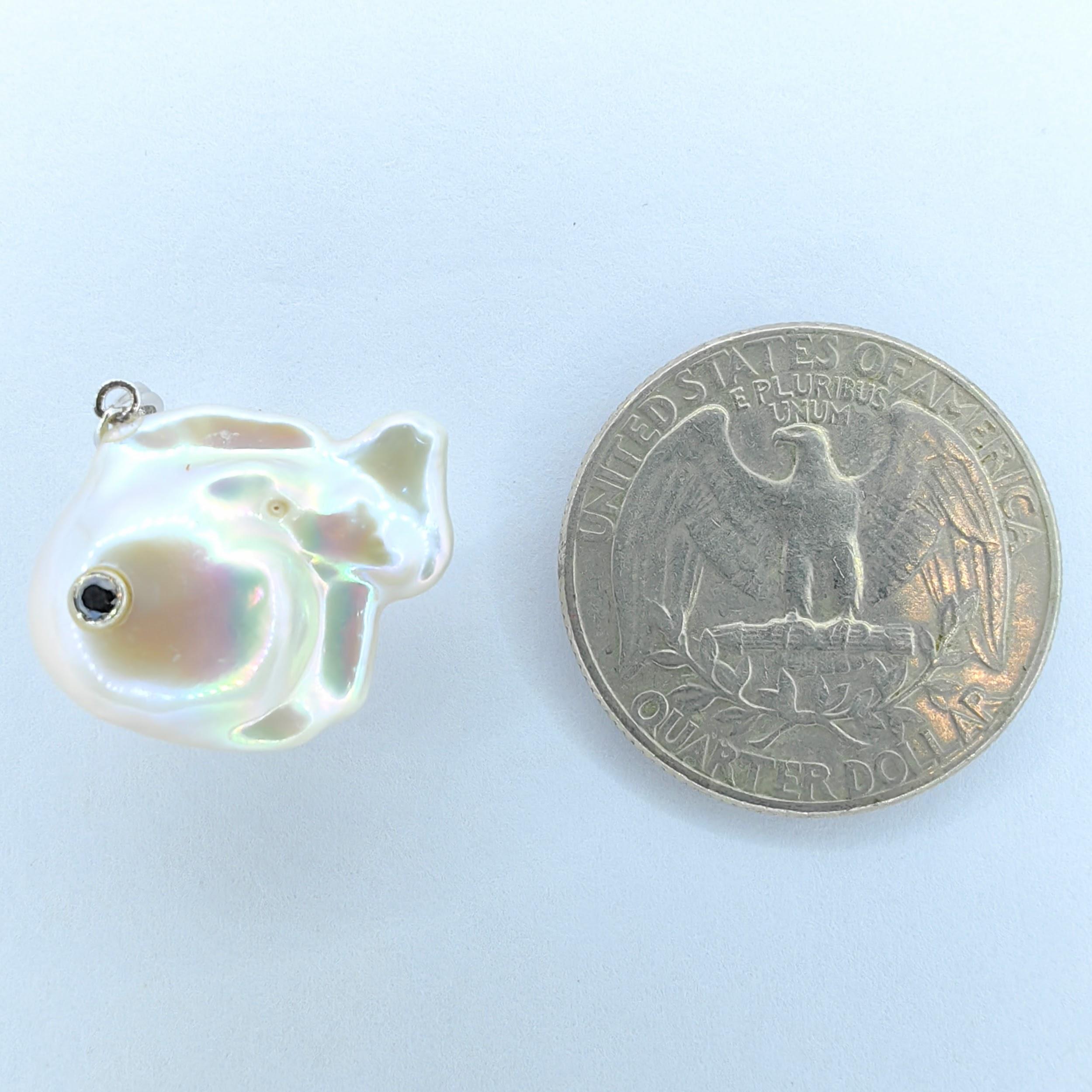 Darling Fish: Black Diamond Baroque Pearl Fish Pendant in 18K White Gold For Sale 6