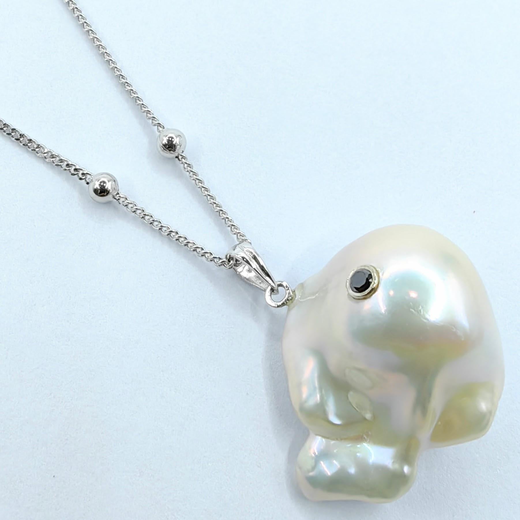 Brilliant Cut Darling Fish: Black Diamond Baroque Pearl Fish Pendant in 18K White Gold For Sale