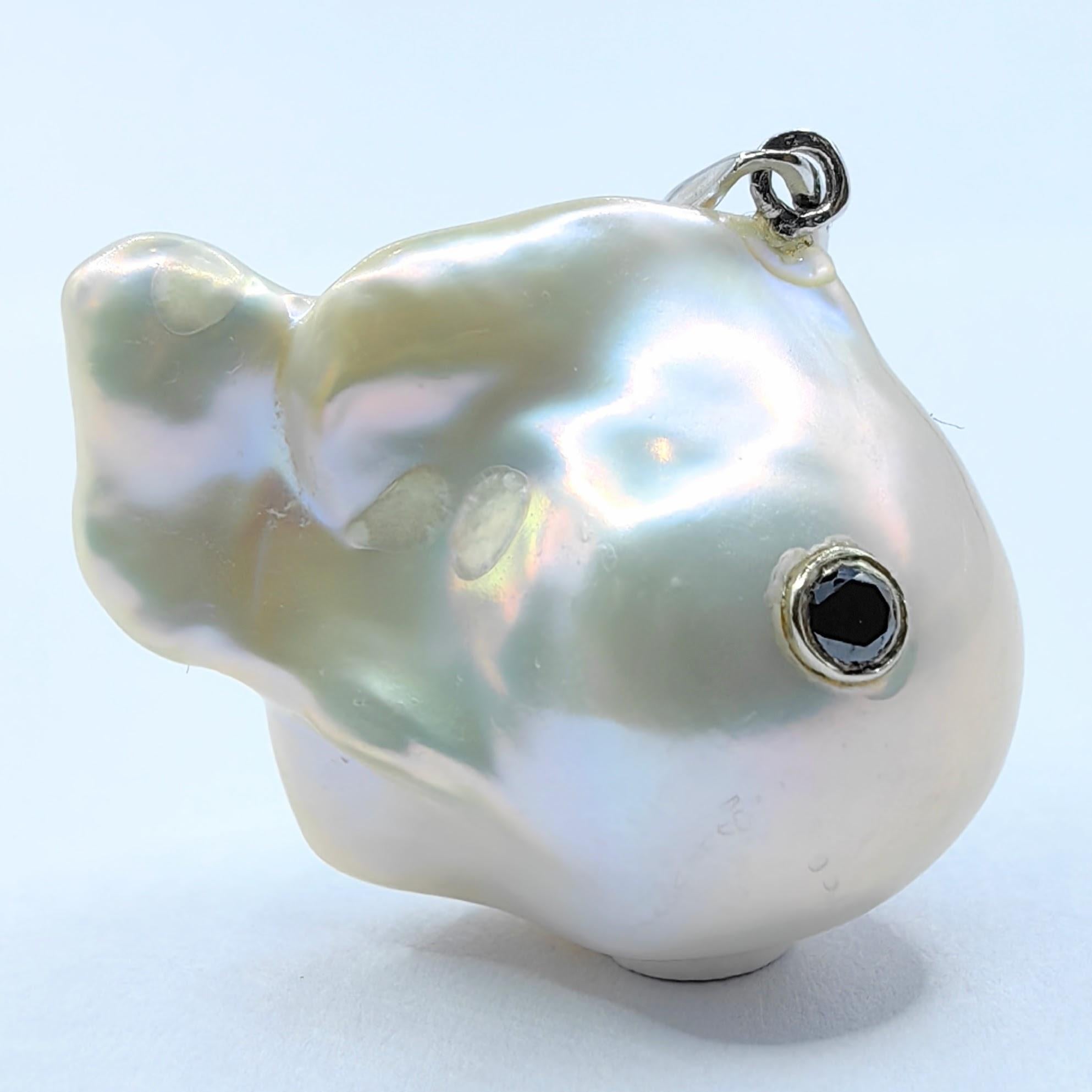 Women's or Men's Darling Fish: Black Diamond Baroque Pearl Fish Pendant in 18K White Gold For Sale