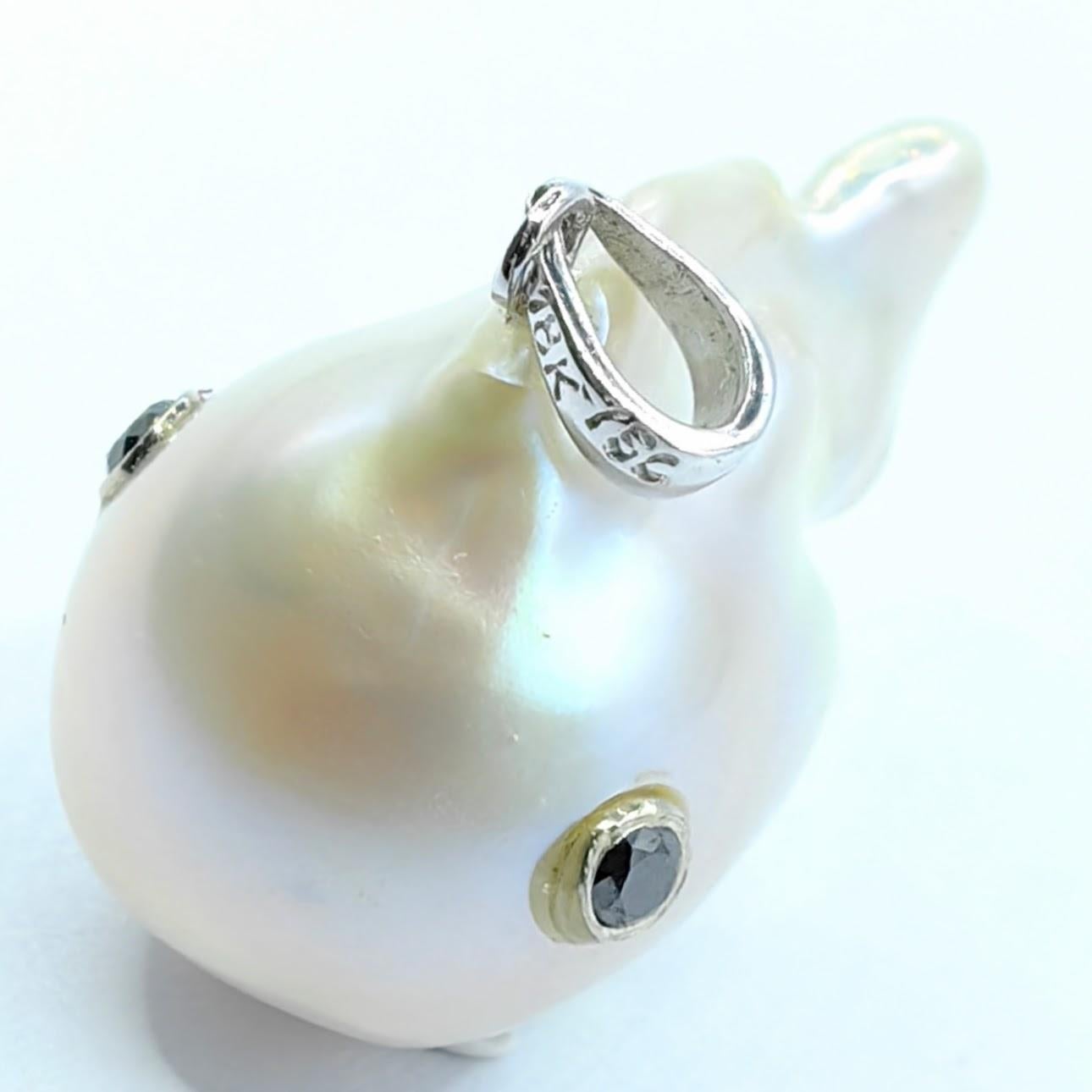 Darling Fish: Black Diamond Baroque Pearl Fish Pendant in 18K White Gold For Sale 1