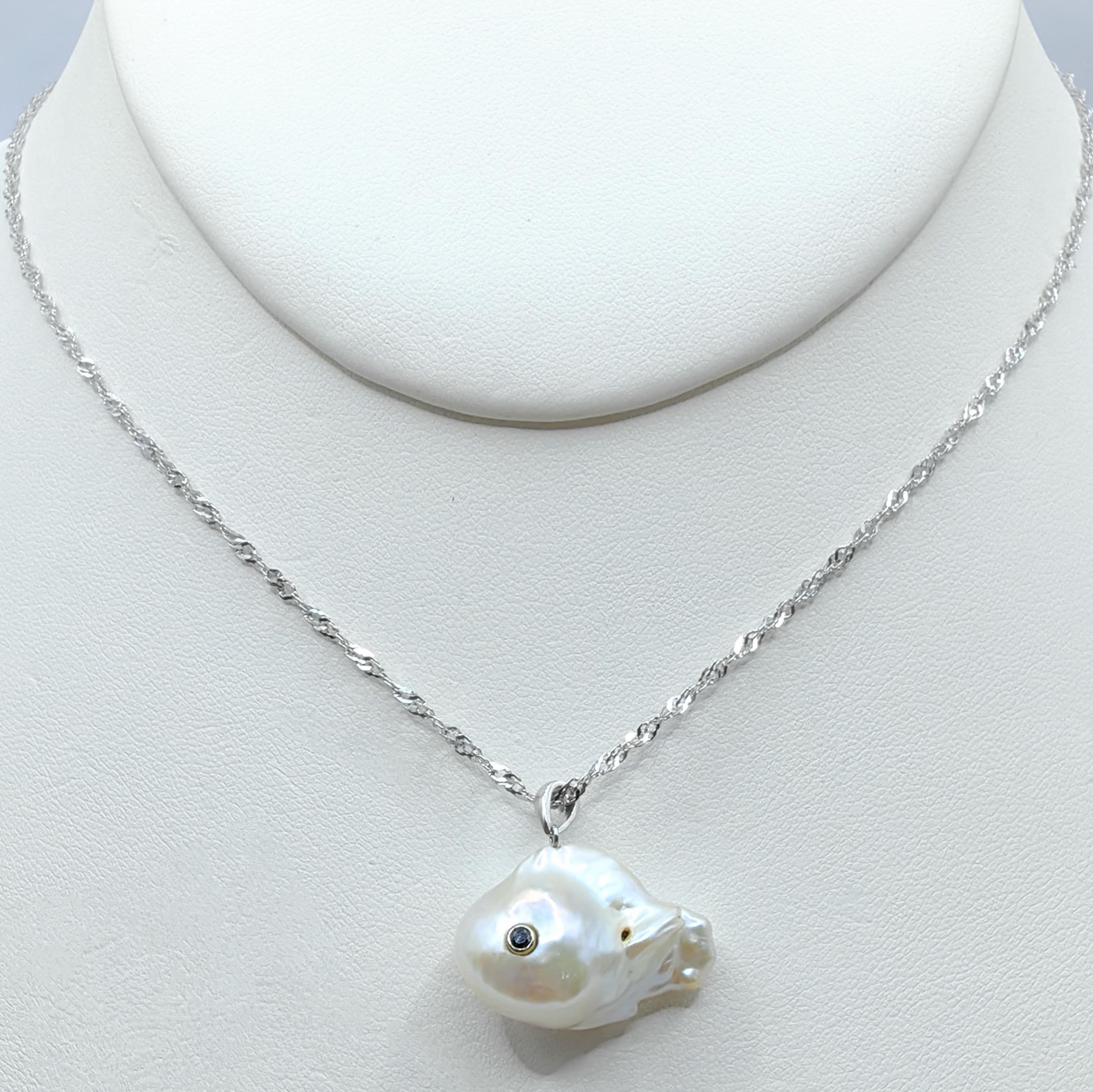 Darling Fish: Black Diamond Baroque Pearl Fish Pendant in 18K White Gold For Sale 1