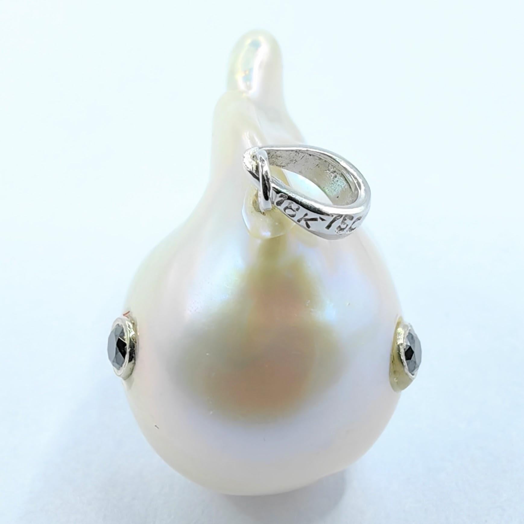 Darling Fish: Black Diamond Baroque Pearl Fish Pendant in 18K White Gold For Sale 2