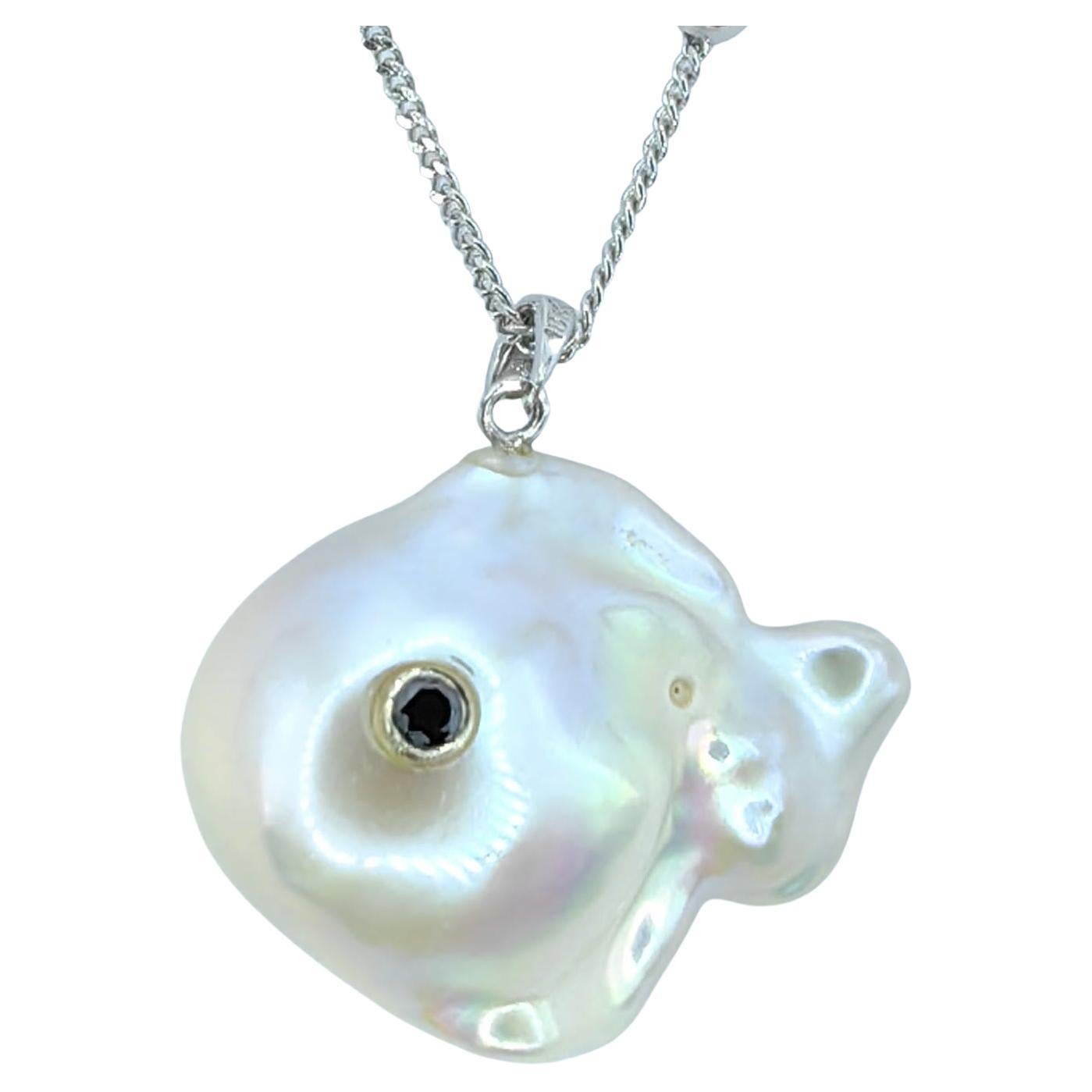 Darling Fish: Black Diamond Baroque Pearl Fish Pendant in 18K White Gold