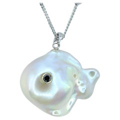 Darling Fish: Black Diamond Baroque Pearl Fish Pendant in 18K White Gold