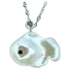 Darling Fish: Black Diamond Baroque Pearl Fish Pendant in 18K White Gold