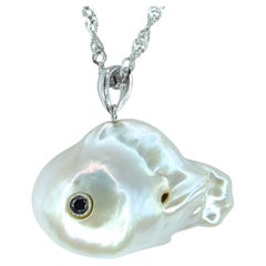 Darling Fish: Black Diamond Baroque Pearl Fish Pendant in 18K White Gold