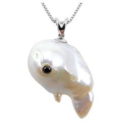 Darling Fish: Black Diamond Baroque Pearl Leaping Koi Pendant in 18K White Gold