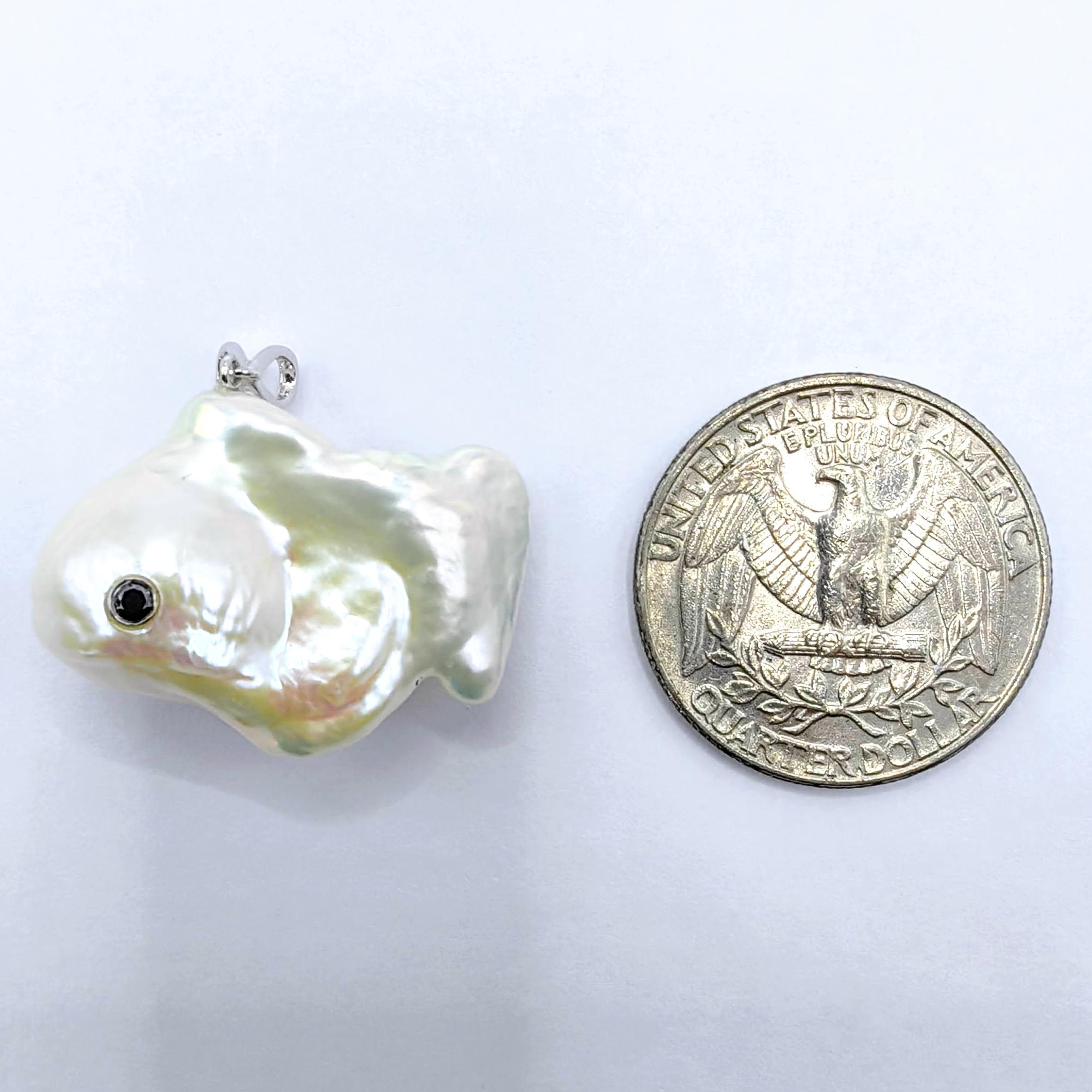 Darling Fish: Black Diamond Baroque Pearl Pendant in 18K White Gold For Sale 4