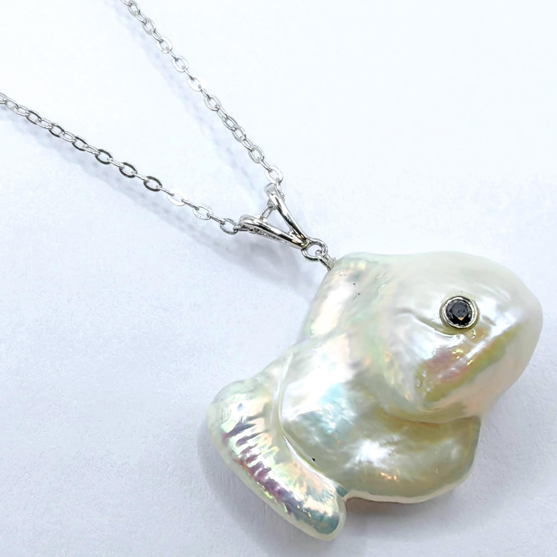 Contemporary Darling Fish: Black Diamond Baroque Pearl Pendant in 18K White Gold For Sale