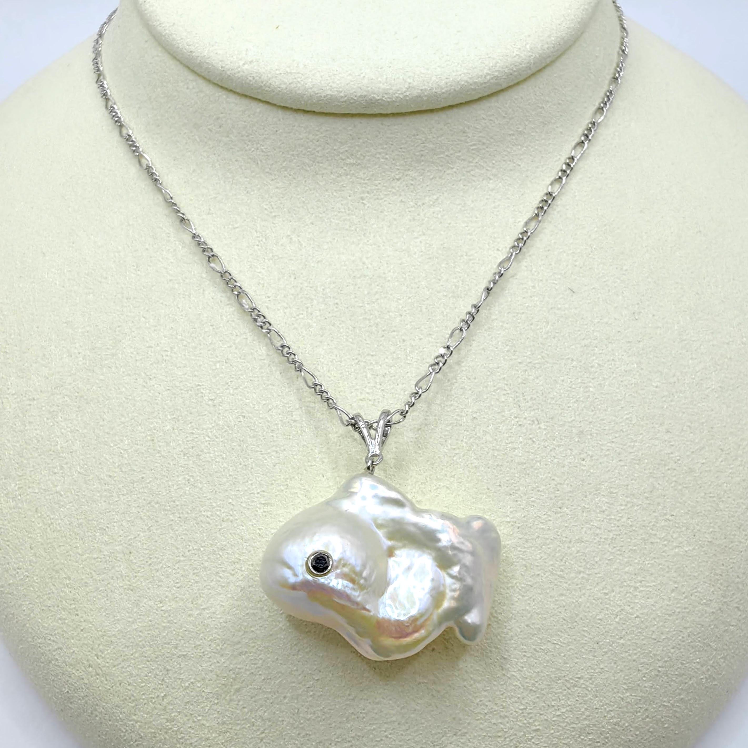 Women's or Men's Darling Fish: Black Diamond Baroque Pearl Pendant in 18K White Gold For Sale