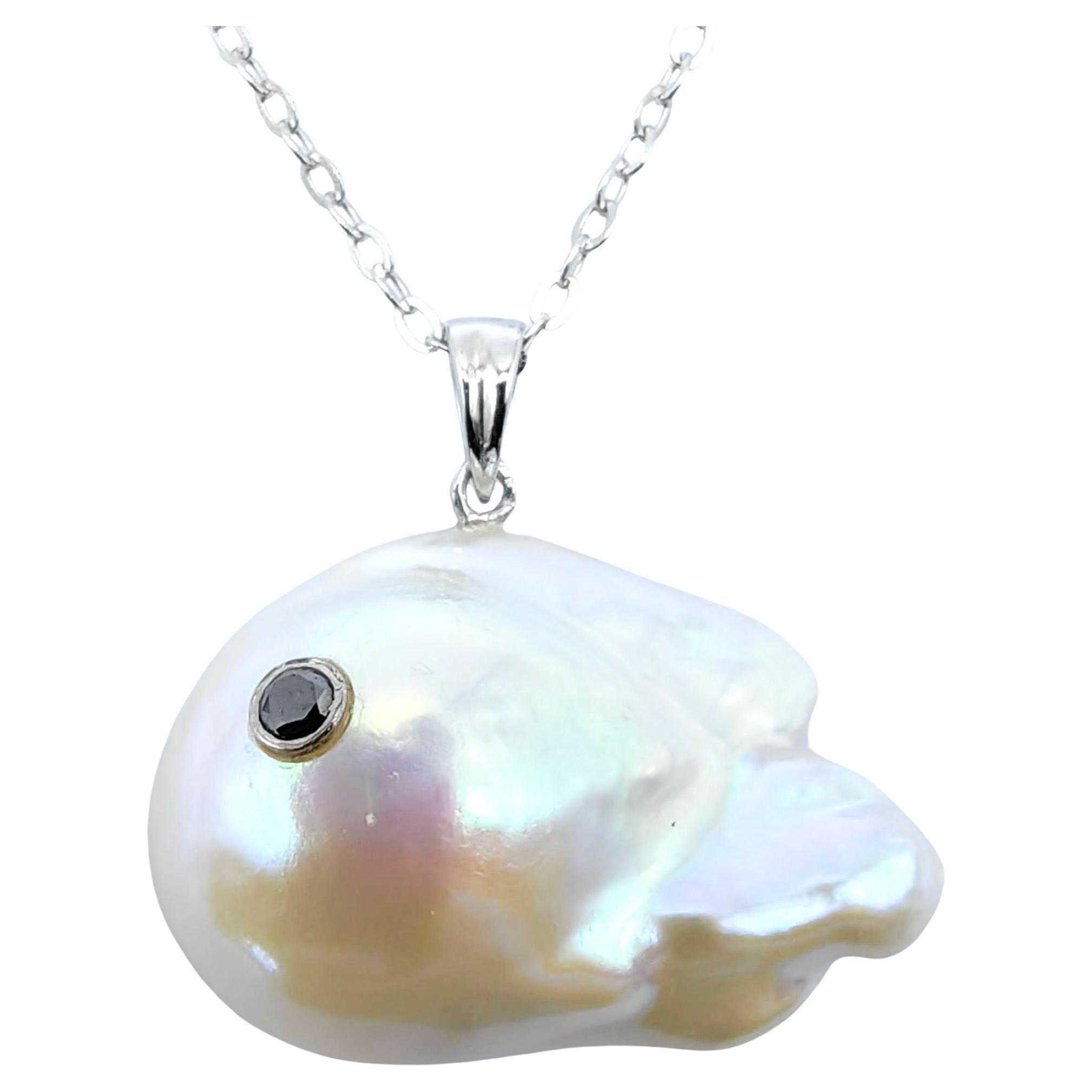 Darling Fish: Black Diamond Baroque Pearl Pendant in 18K White Gold