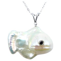 Darling Fish: Black Diamond Baroque Pearl Pendant in 18K White Gold