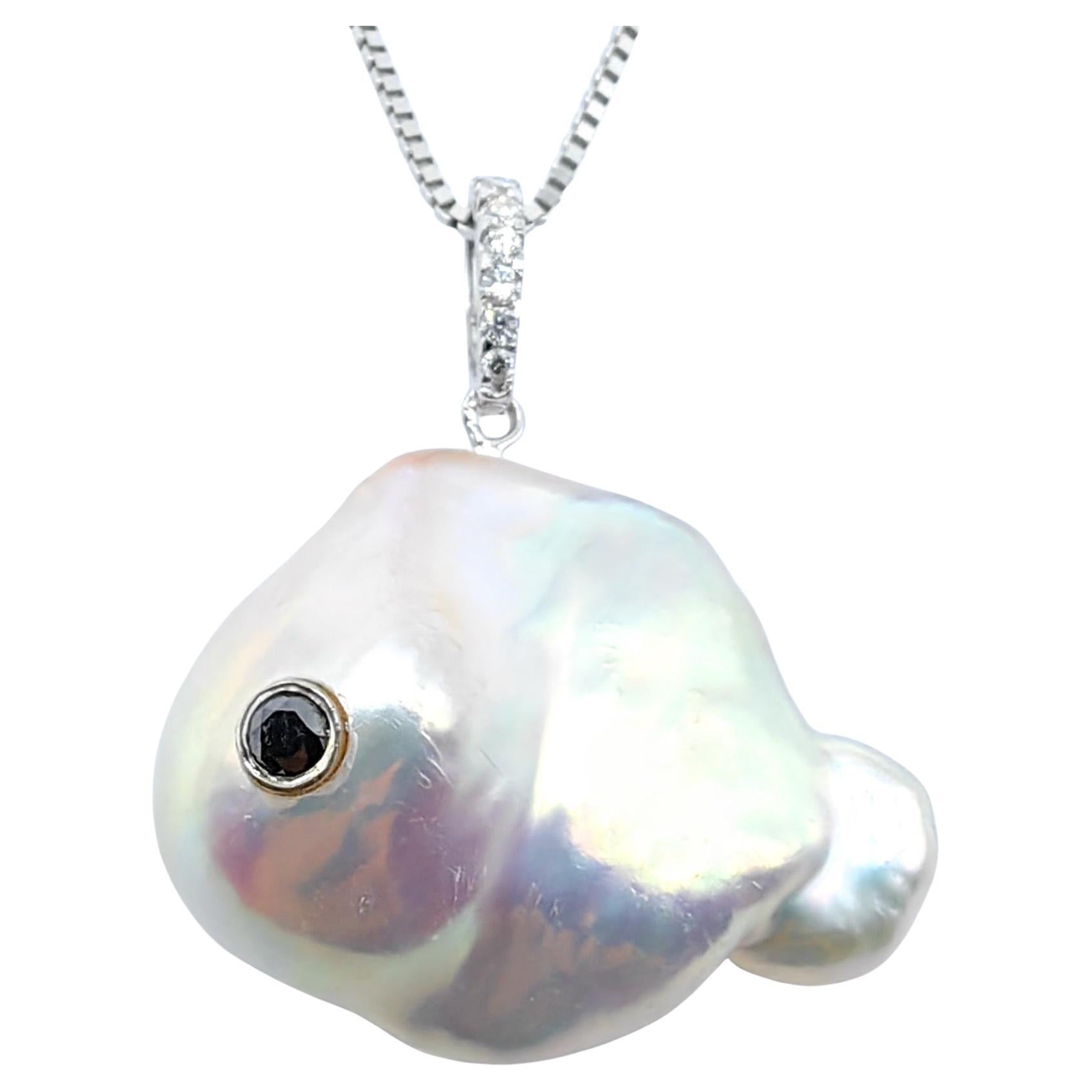 Darling Fish: Black Diamond Iridescent Baroque Pearl Diamond Pendant in 18K Gold