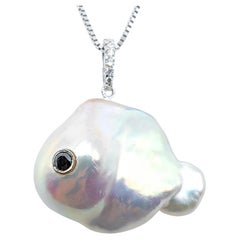 Darling Fish: Black Diamond Iridescent Baroque Pearl Diamond Pendant in 18K Gold