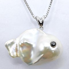 Darling Fish: Black Diamond White Baroque Pearl Pendant in 18K White Gold