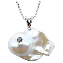 Darling Fish: Black Diamond White Baroque Pearl Pendant in 18K White Gold