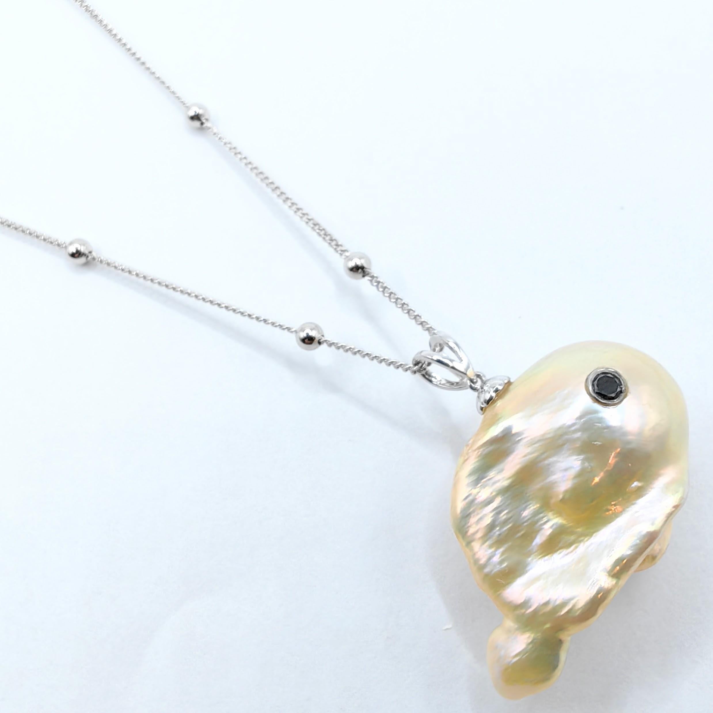 Women's or Men's Darling Fish XL: Black Diamond & Golden Pink Baroque Pearl 18K Gold Fish Pendant For Sale