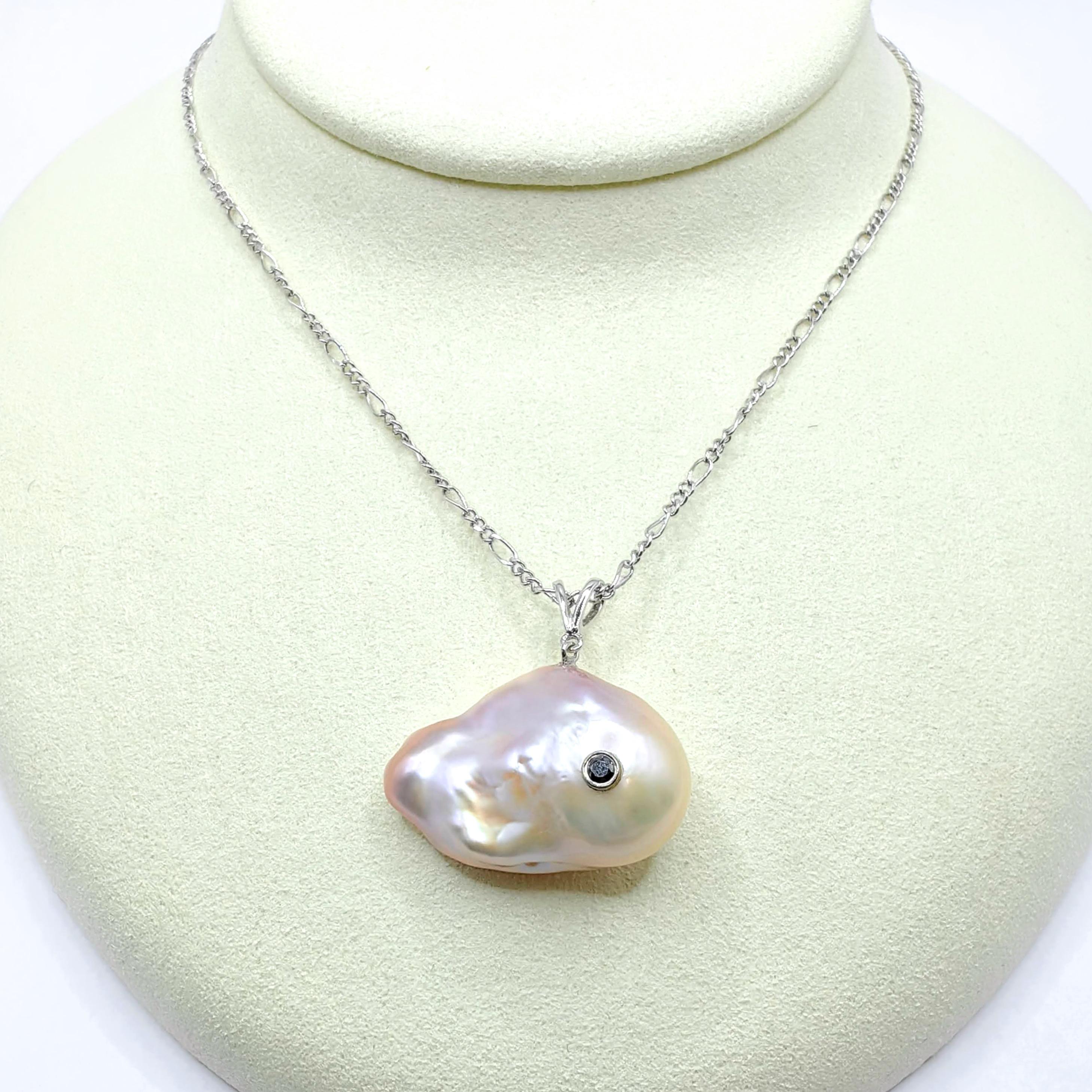 Women's or Men's Darling Fish XL : Black Diamond Pink Champaign Baroque Pearl 18K Gold Pendant For Sale