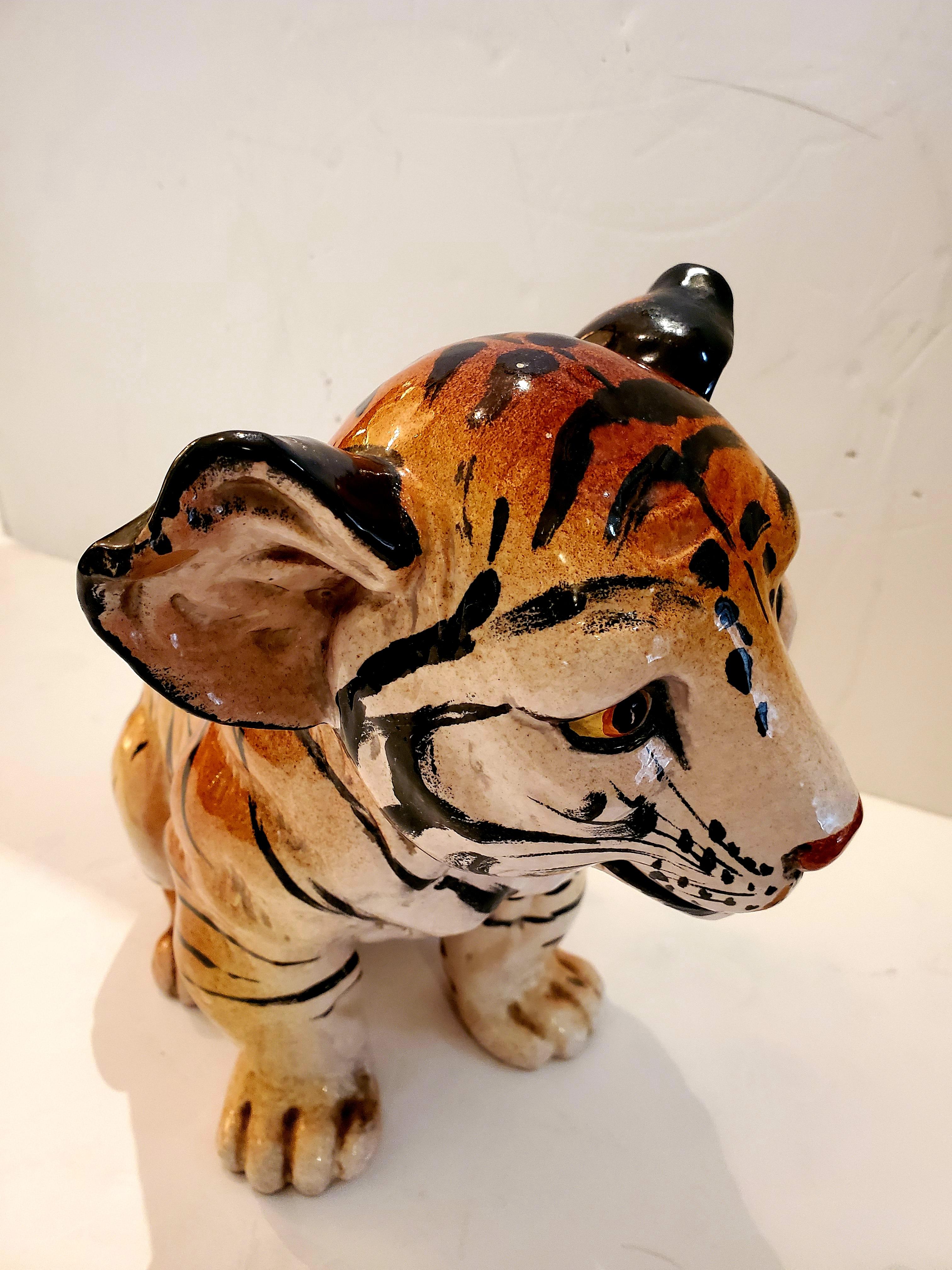 Striking Italian ceramic tabletop sculpture of a fetching tiger cub, guaranteed to make you swoon.