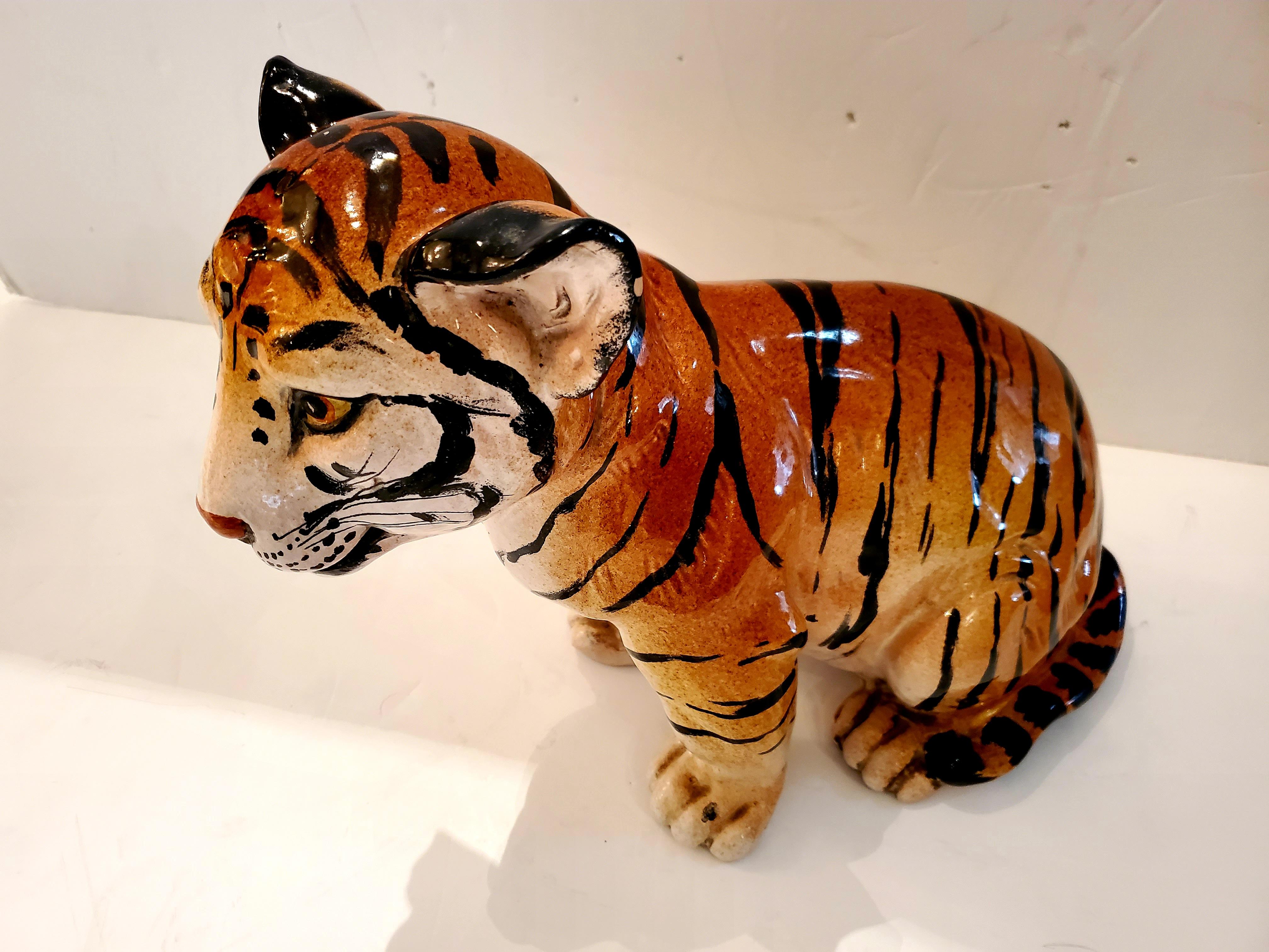 Darling Italian Ceramic Tiger Cub Sculpture In Good Condition In Hopewell, NJ