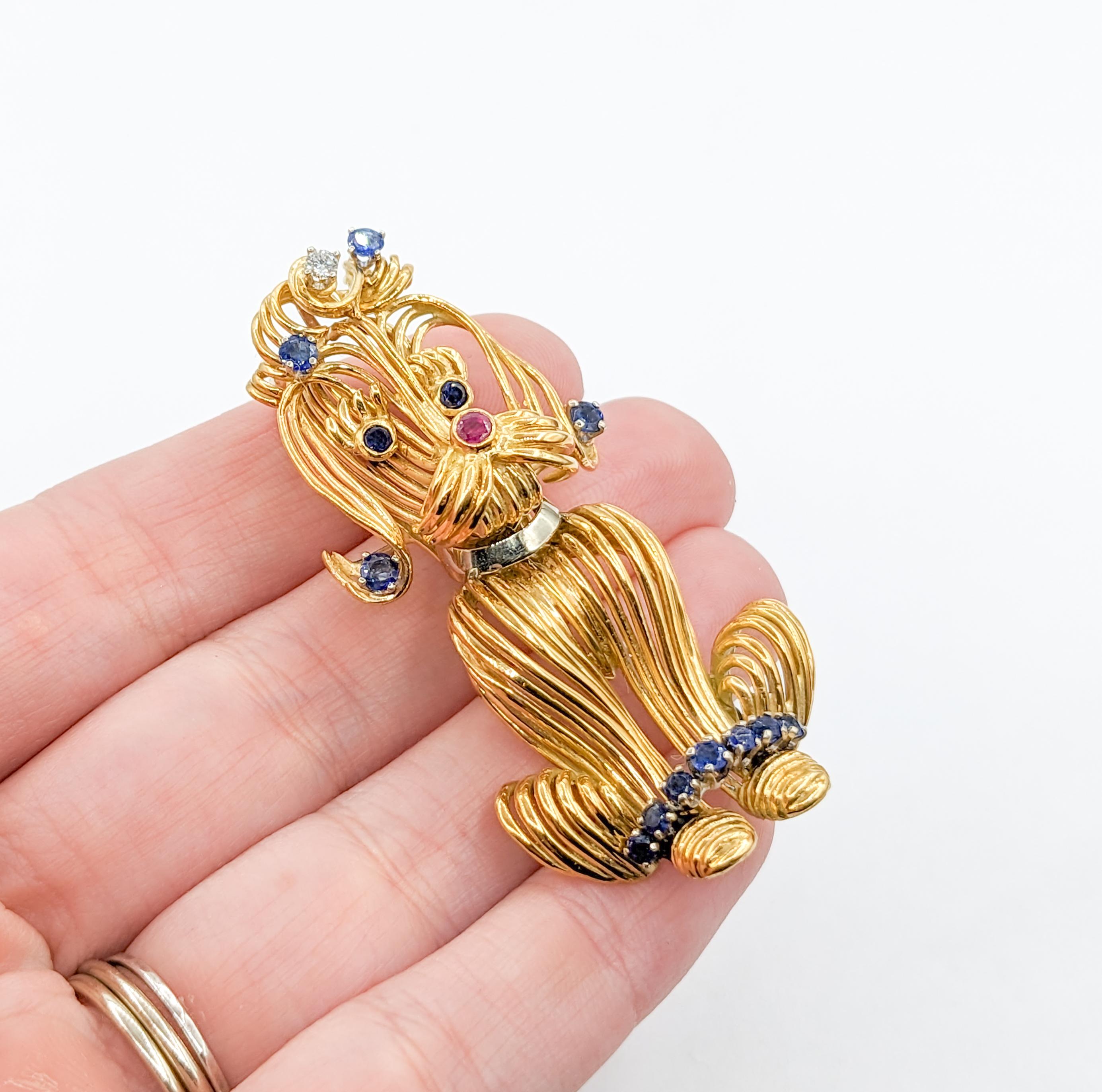 Modern Darling Mid-Century Poodle Dog Brooch with Sapphires, Ruby & Diamonds 18K For Sale