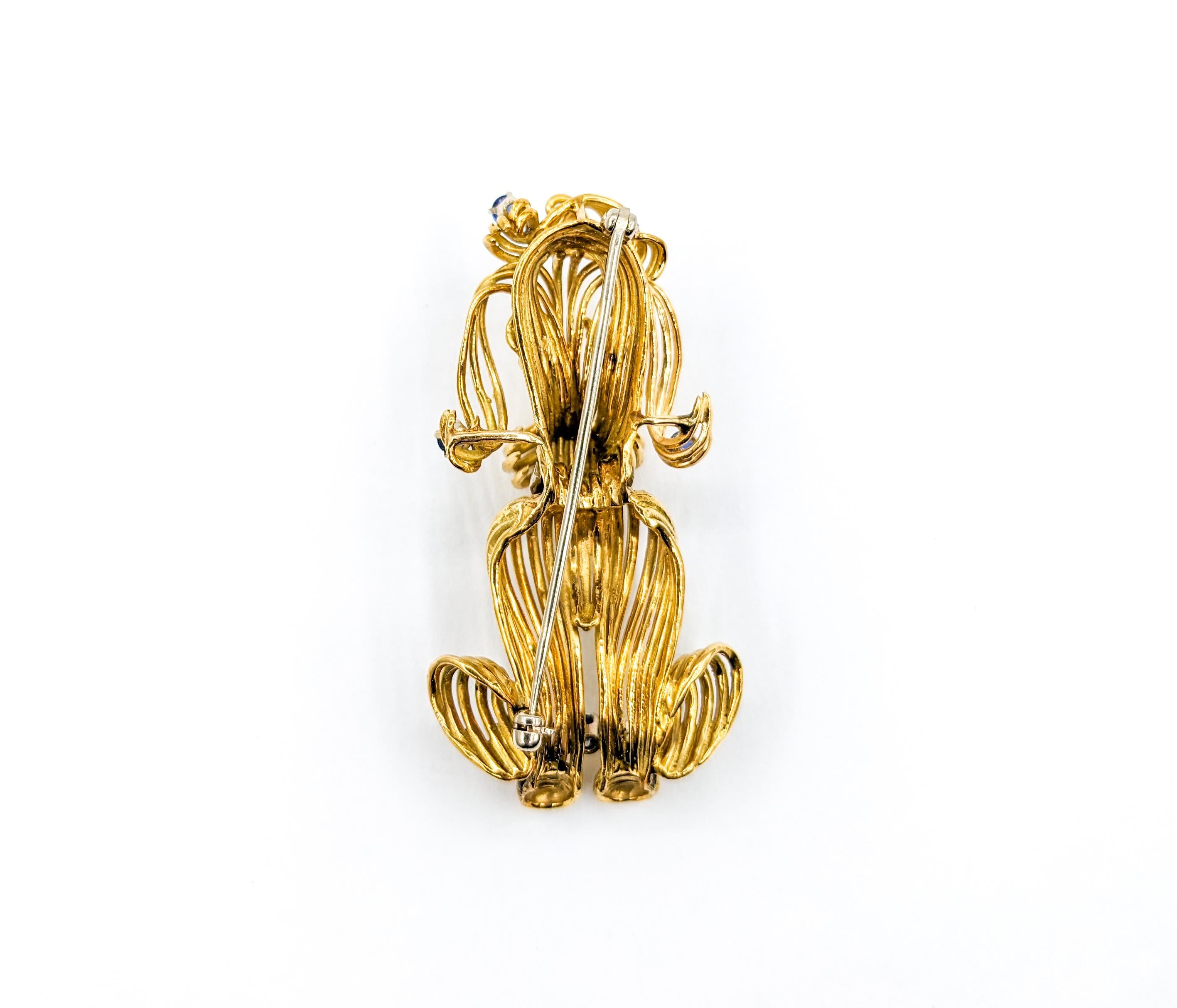 Darling Mid-Century Poodle Dog Brooch with Sapphires, Ruby & Diamonds 18K In Excellent Condition For Sale In Bloomington, MN