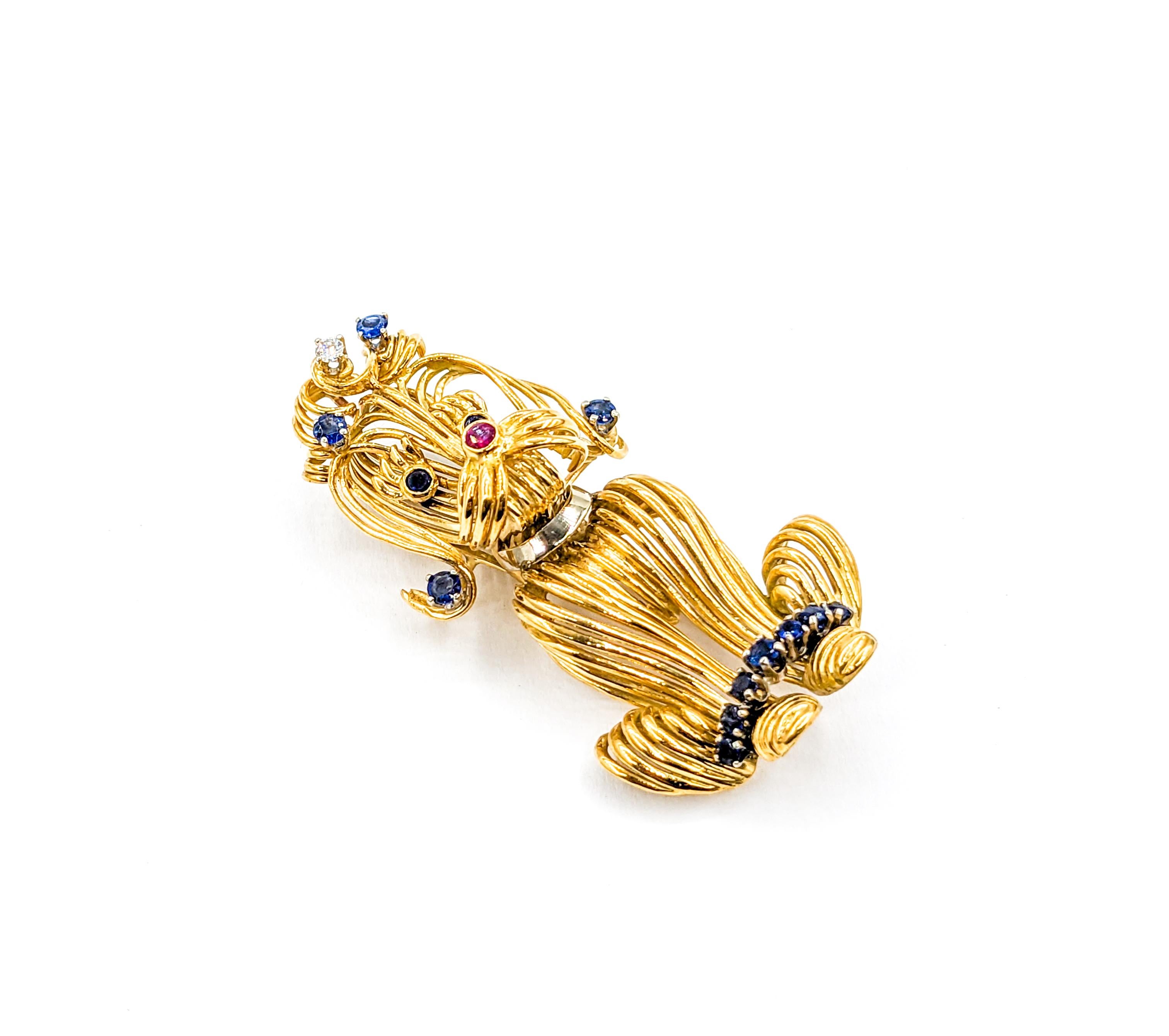 Women's Darling Mid-Century Poodle Dog Brooch with Sapphires, Ruby & Diamonds 18K For Sale