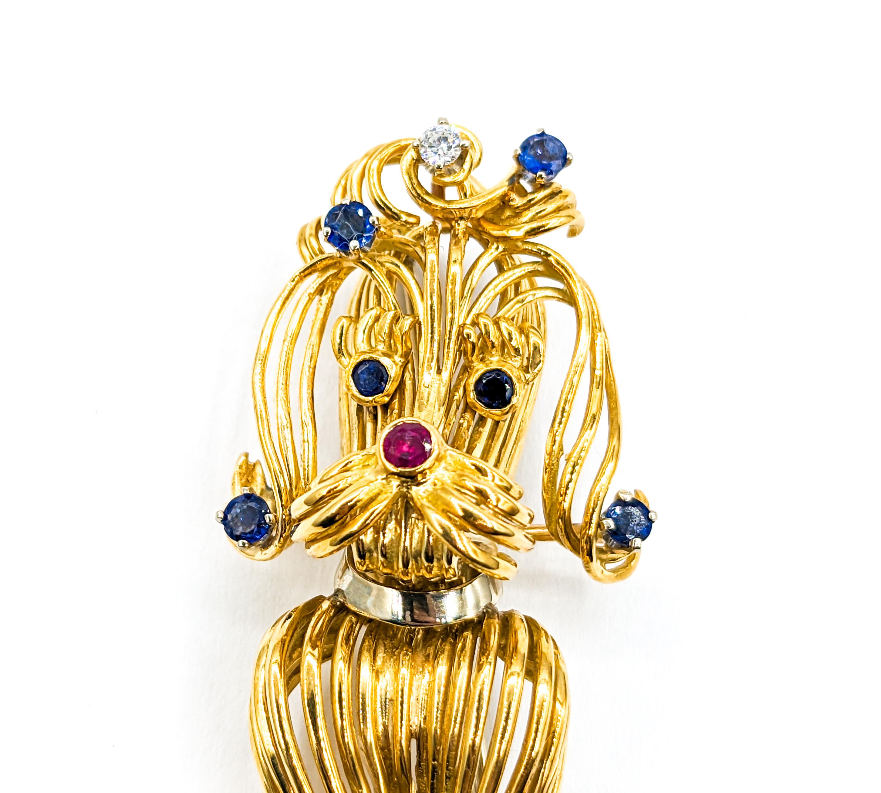 Darling Mid-Century Poodle Dog Brooch with Sapphires, Ruby & Diamonds 18K For Sale 1