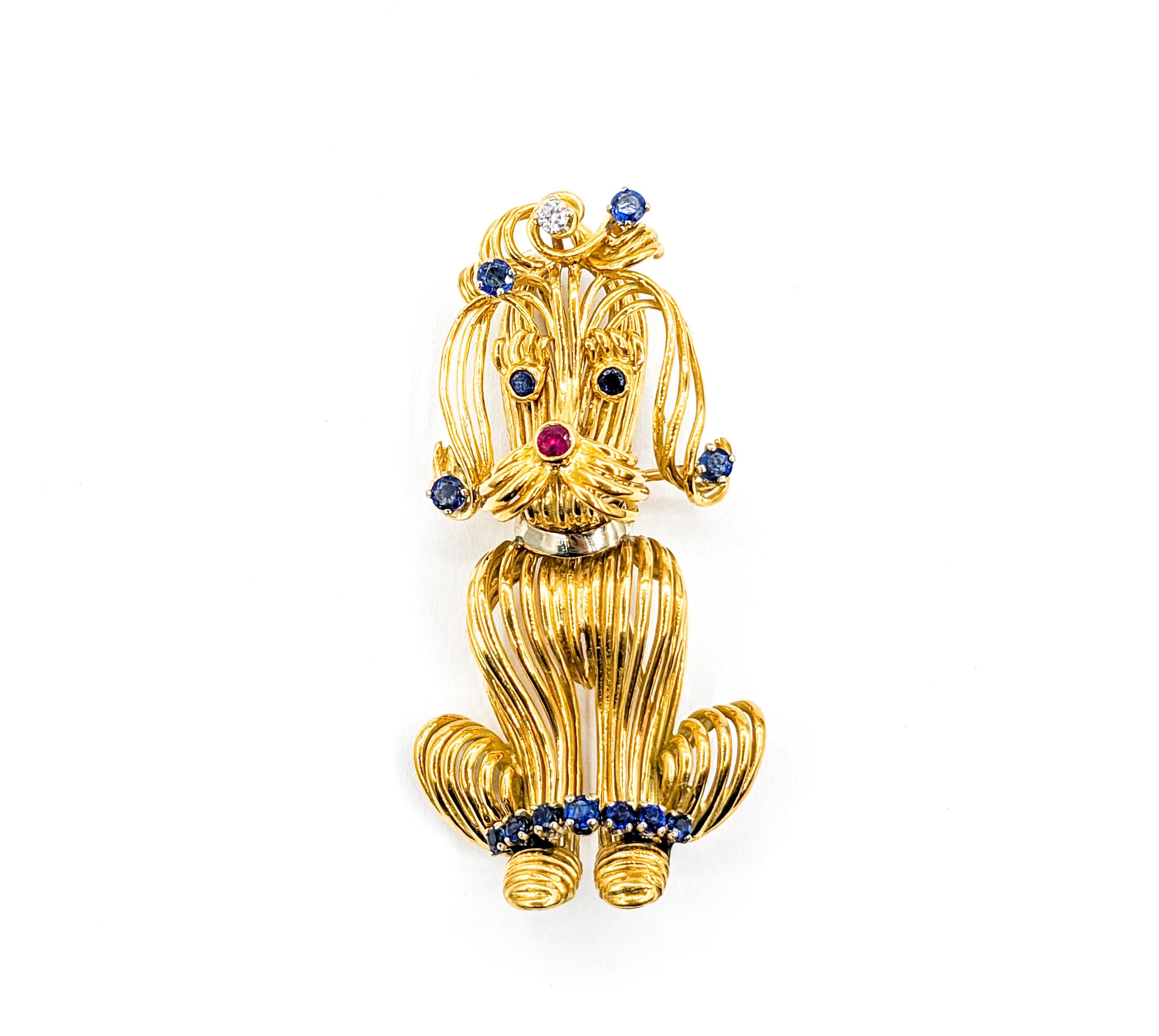 Darling Mid-Century Poodle Dog Brooch with Sapphires, Ruby & Diamonds 18K For Sale 2