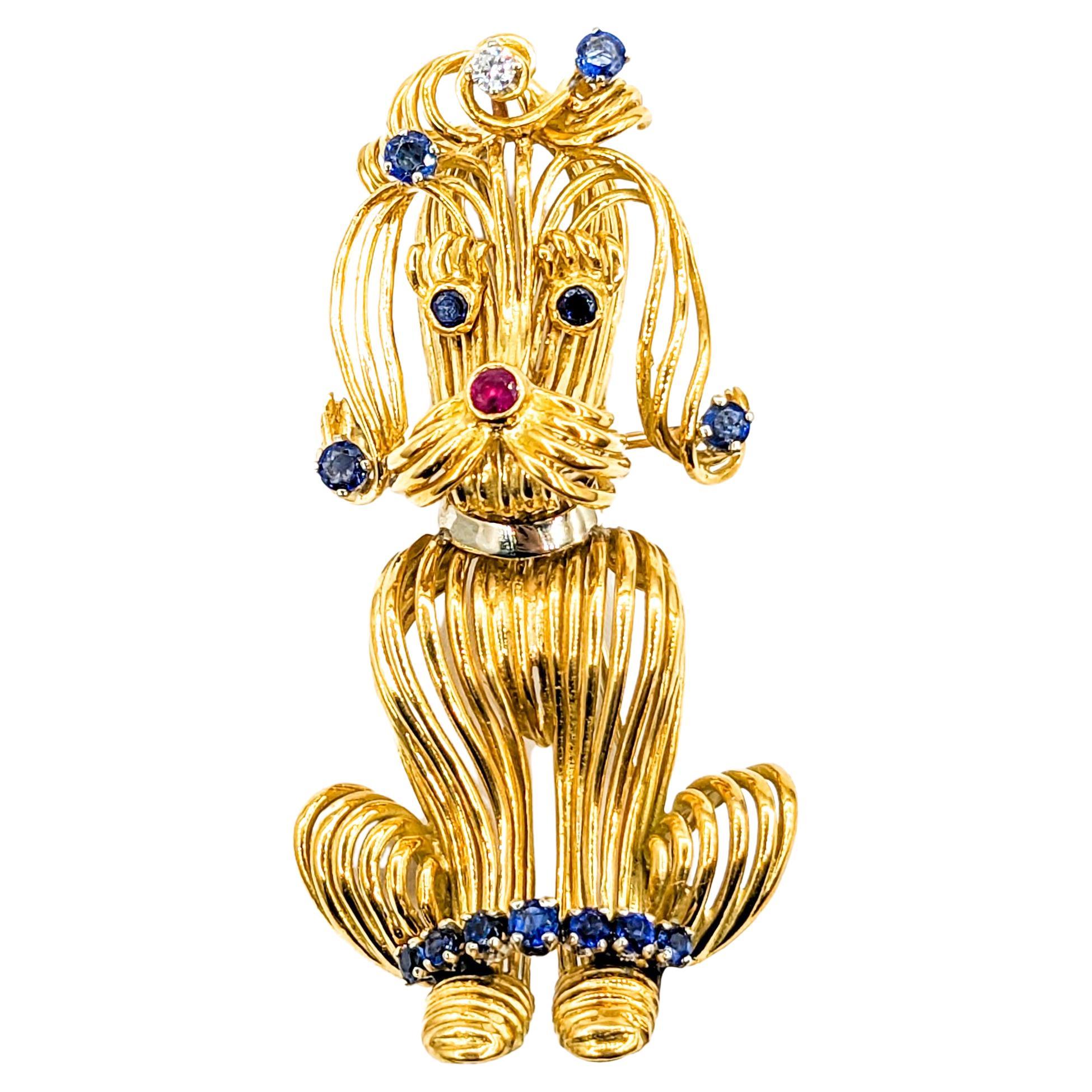 Darling Mid-Century Poodle Dog Brooch with Sapphires, Ruby & Diamonds 18K