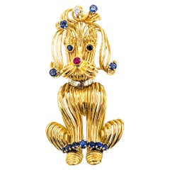 Vintage Darling Mid-Century Poodle Dog Brooch with Sapphires, Ruby & Diamonds 18K