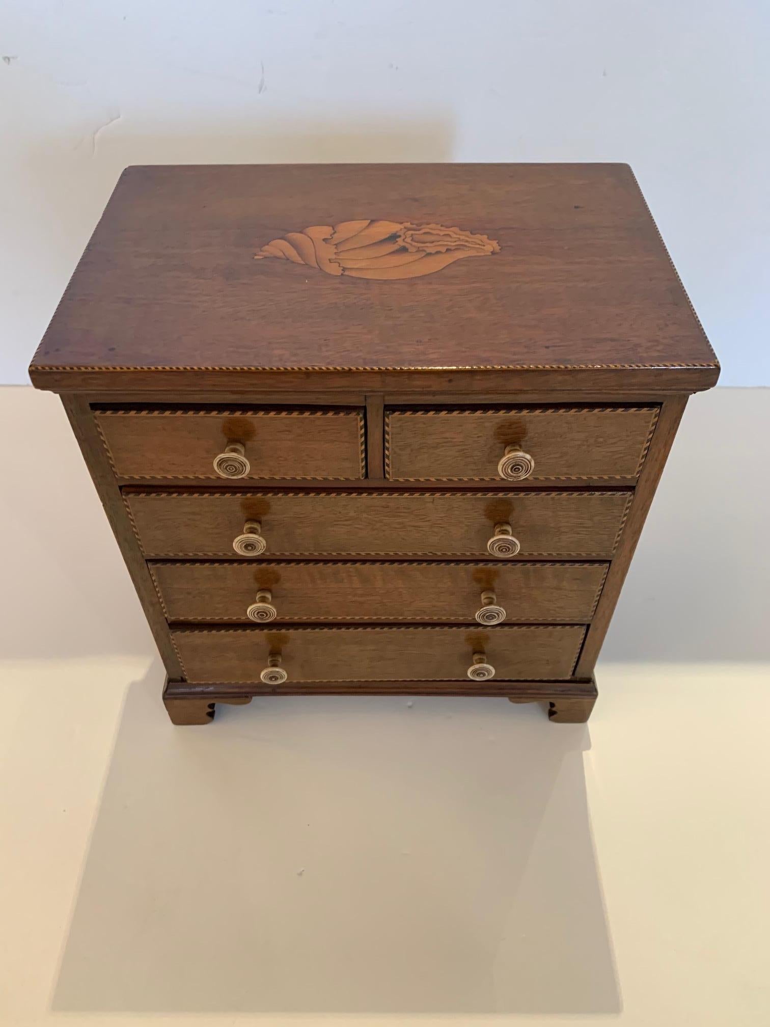 Darling Miniature Antique English Walnut Inlay Jewelry Box In Good Condition In Hopewell, NJ