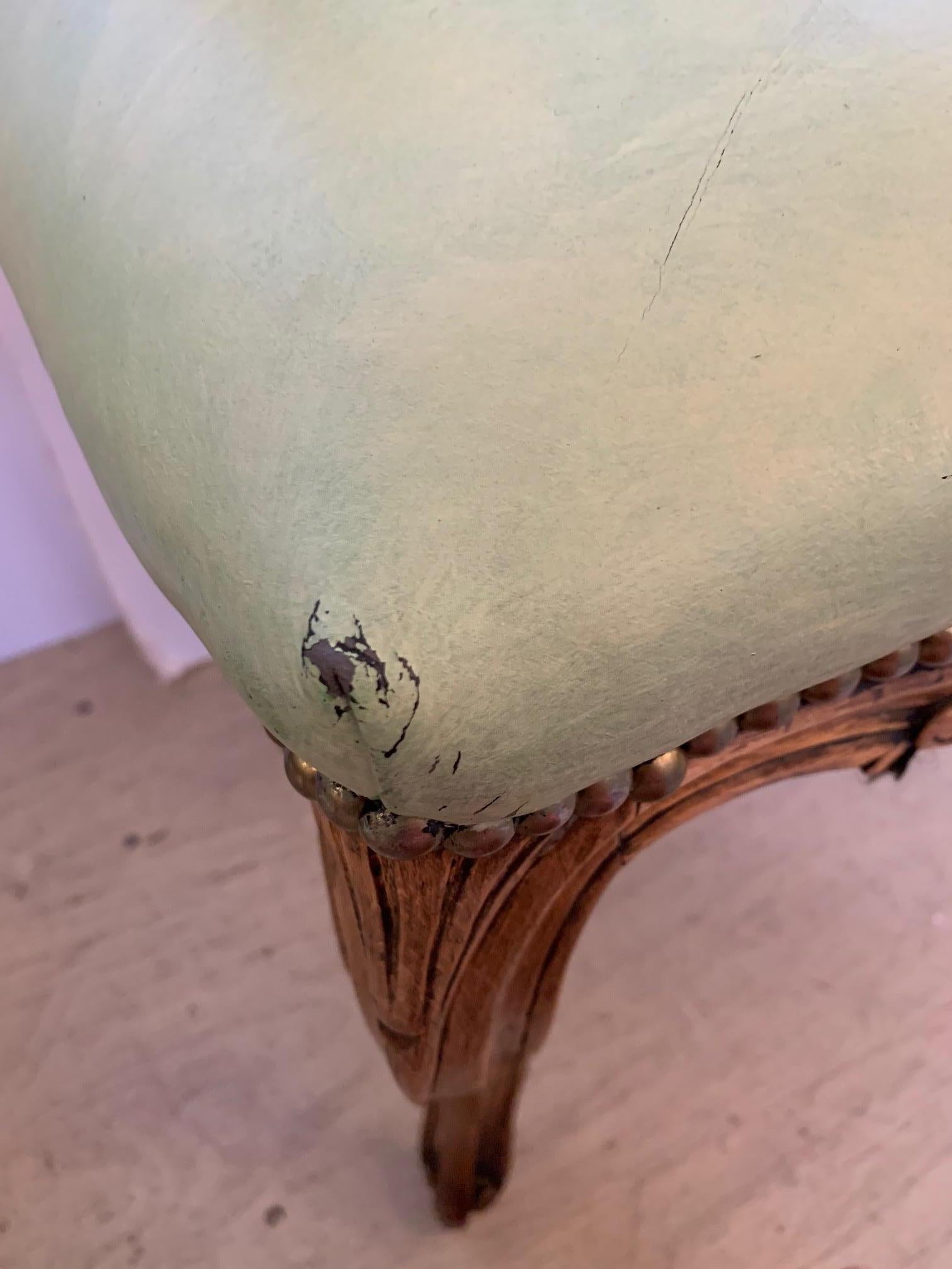 Darling Pair of French Antique Light Green Leather Carved Walnut Side Chairs In Good Condition For Sale In Hopewell, NJ