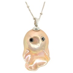 Darling Phantom: 18K White Gold Black Diamond Peach Baroque Pearl Ghost Pendant