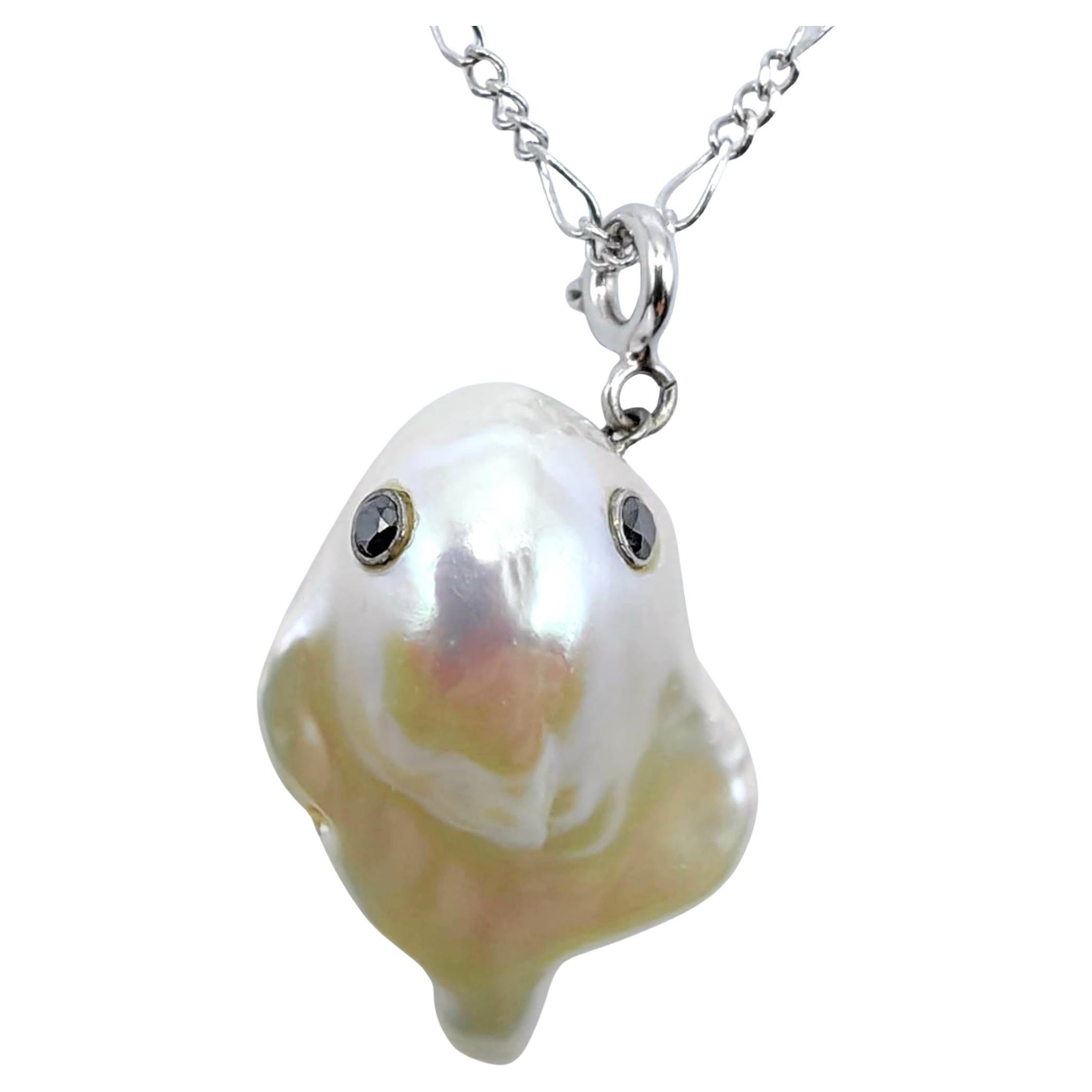 Darling Phantom: Black Diamond Baroque Pearl 18K White Gold Ghost Charm/Pendant