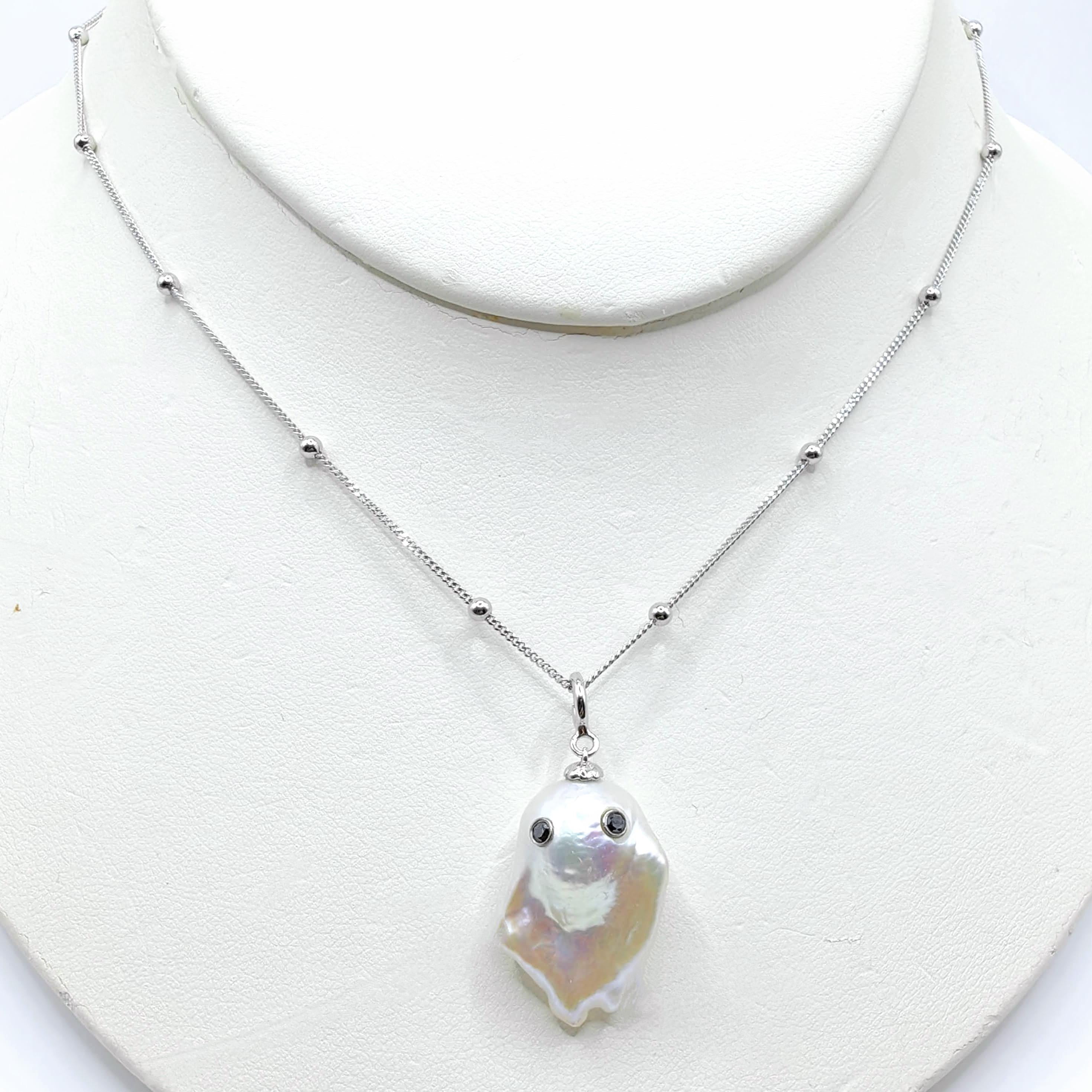 Round Cut Darling Phantom: Black Diamond Baroque Pearl Ghost Charm Pendant 18K White Gold For Sale