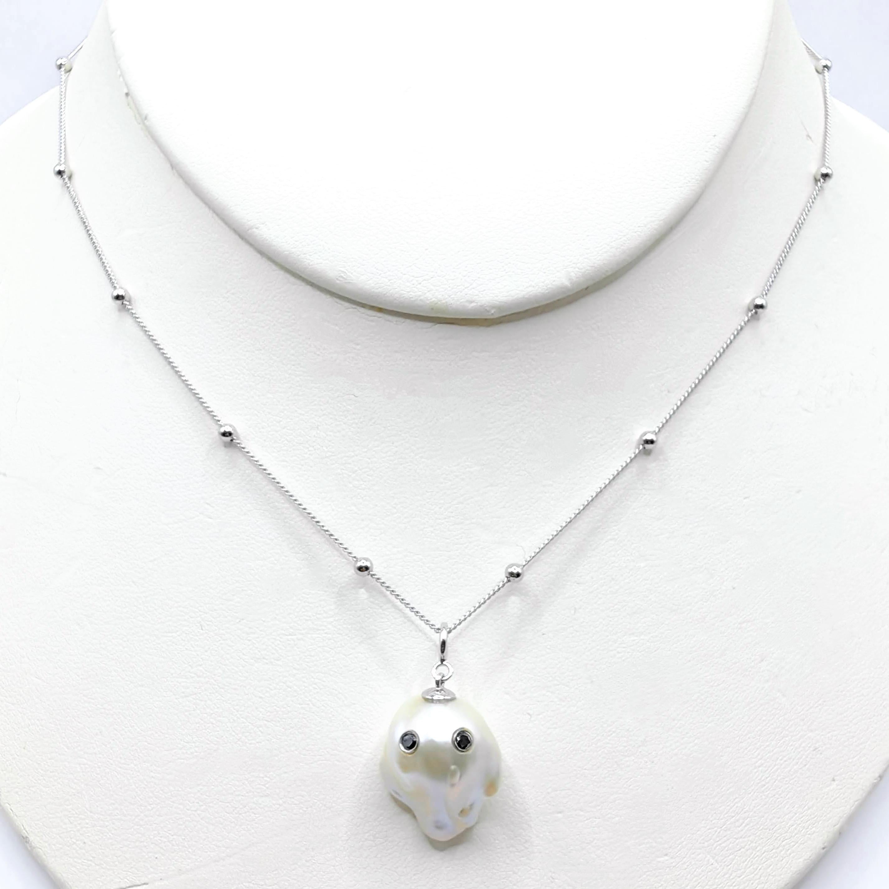Round Cut Darling Phantom: Black Diamond Baroque Pearl Ghost Charm Pendant 18K White Gold For Sale