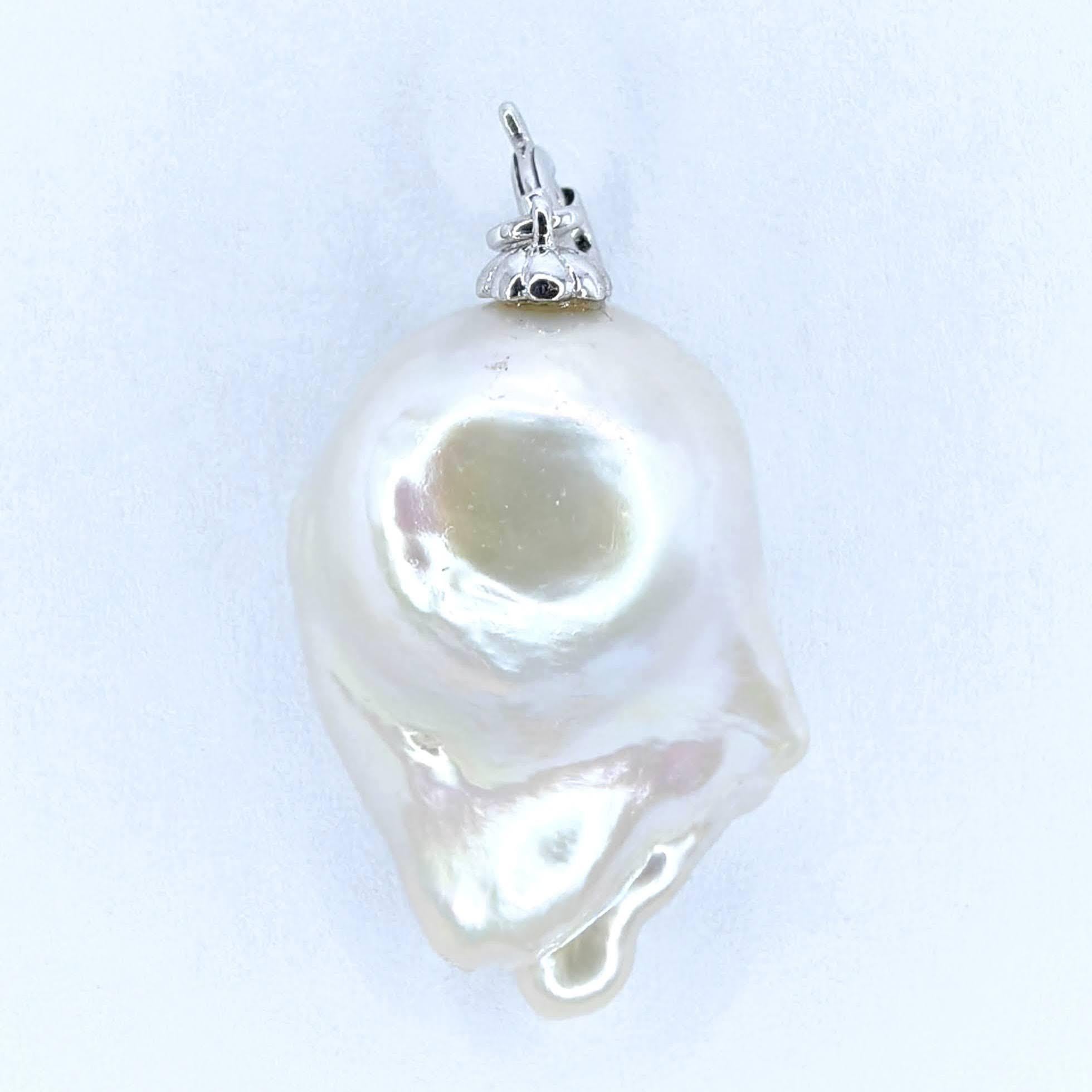 Women's or Men's Darling Phantom: Black Diamond Baroque Pearl Ghost Charm Pendant 18K White Gold For Sale
