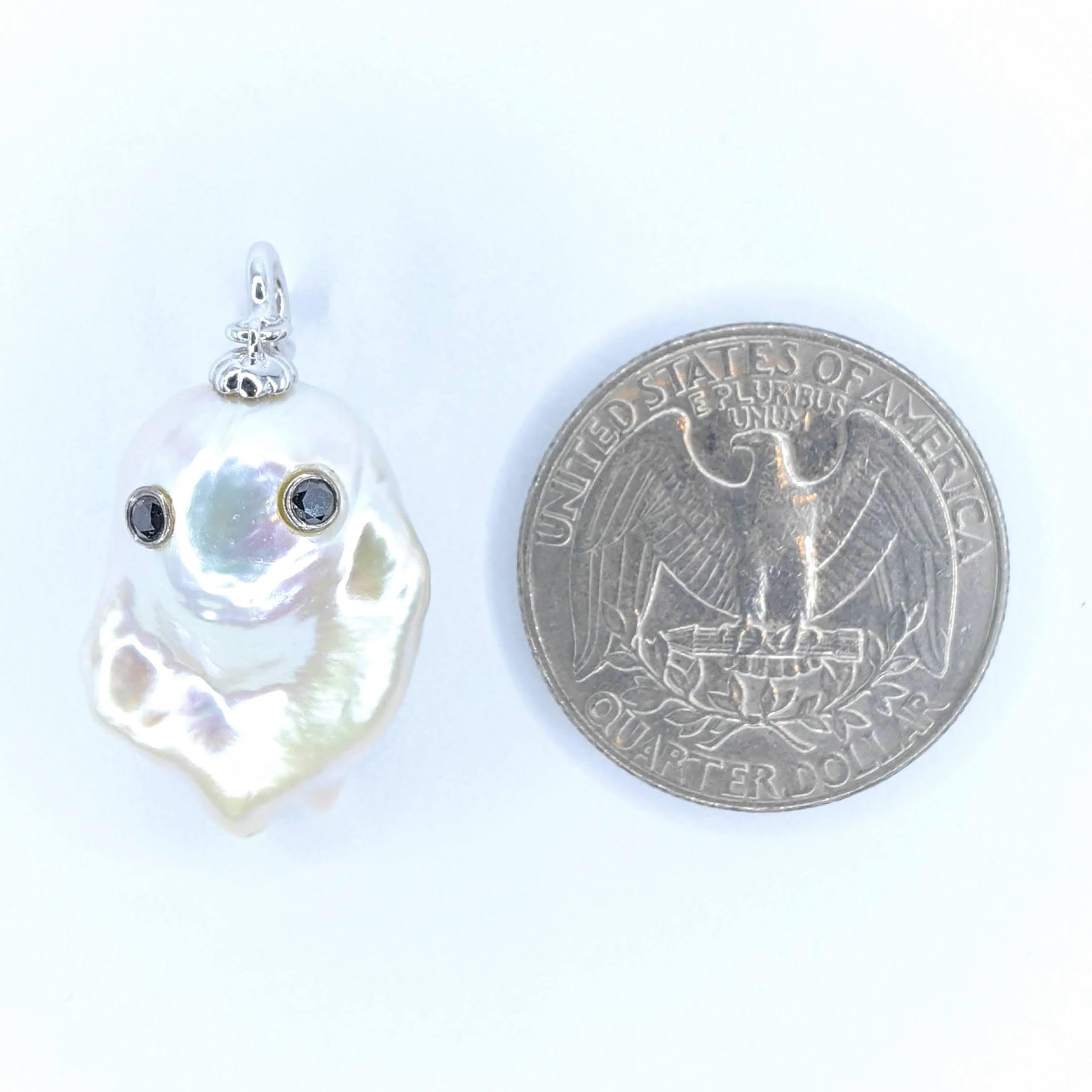 Darling Phantom: Black Diamond Baroque Pearl Ghost Charm Pendant 18K White Gold For Sale 1