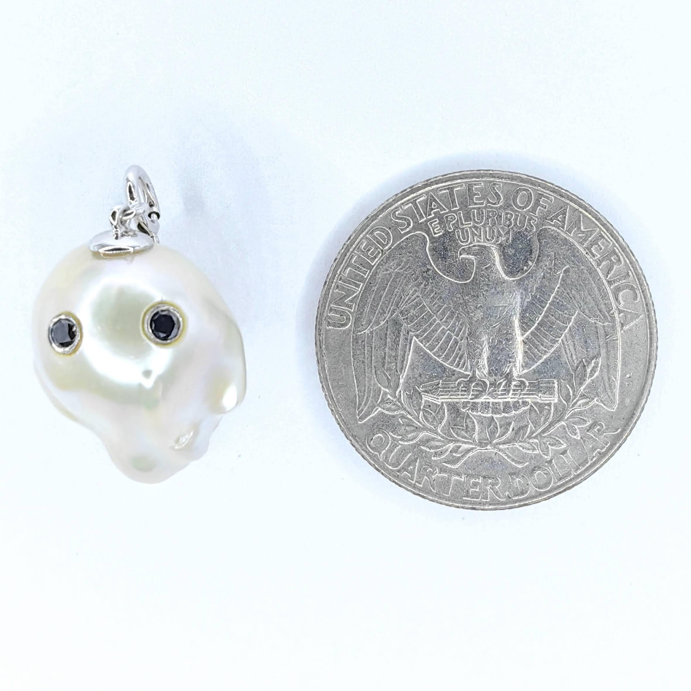 Darling Phantom: Black Diamond Baroque Pearl Ghost Charm Pendant 18K White Gold For Sale 1